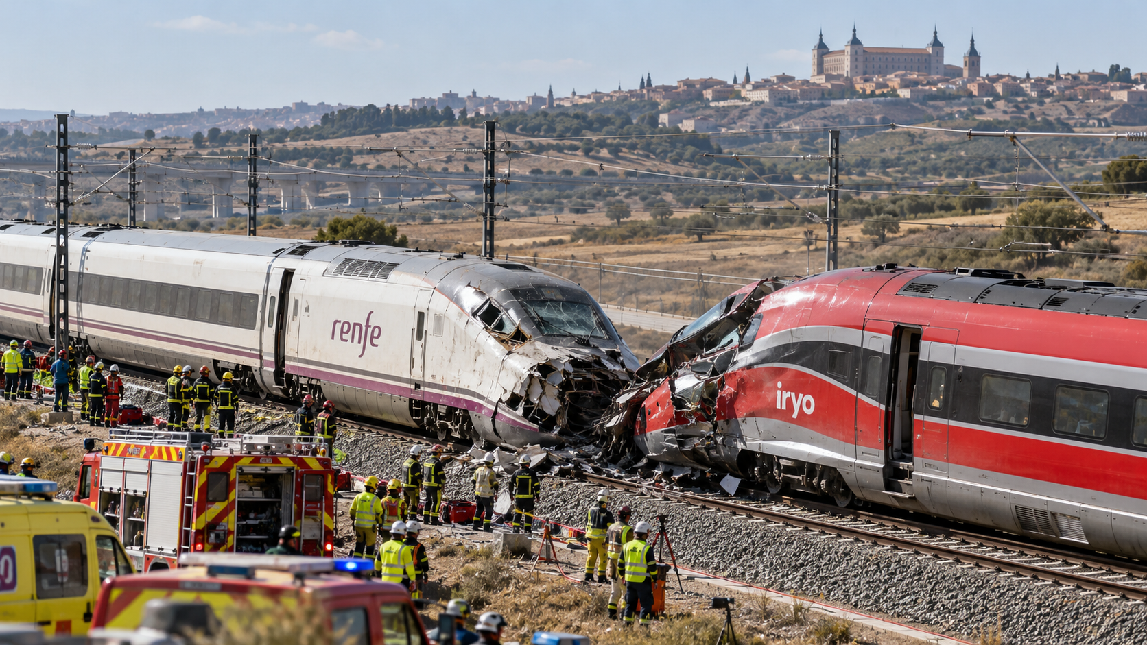 Illustration de deux trains à grande vitesse aux couleurs de Renfe et d’Iryo, arrêtés sur des voies parallèles, avec un agent près d’un équipement de signalisation. Cette scène générée accompagne l’article sur la collision près de Tolède et ne représente pas le lieu de l’accident.