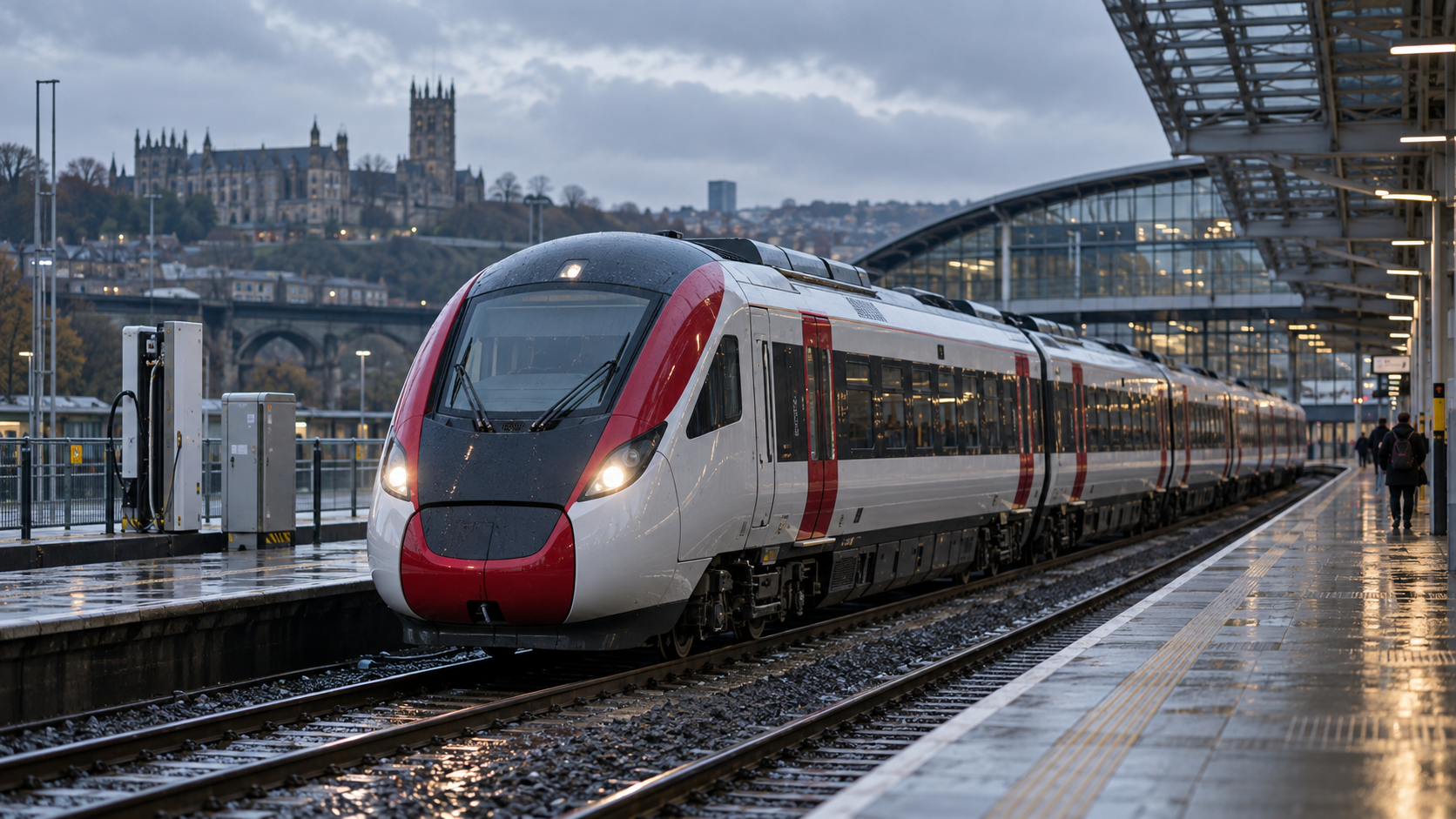 Train électrique à batterie moderne blanc, rouge et gris circulant dans une gare britannique sous un ciel couvert, avec des équipements de recharge visibles au bord des voies, en illustration du contrat de 1,2 milliard d’euros remporté par Alstom auprès de TransPennine Express.