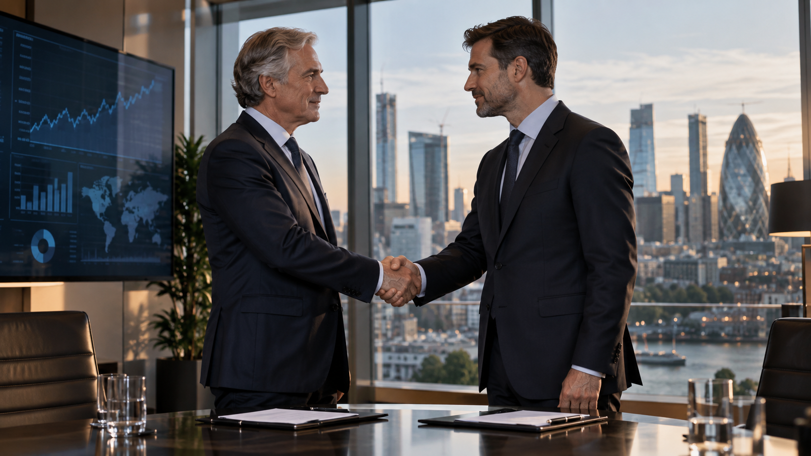 Deux dirigeants se serrent la main dans un bureau financier après la finalisation du partenariat entre Amundi et ICG, représentant l’investissement de 620 millions d’euros d’Amundi dans le spécialiste des marchés privés.