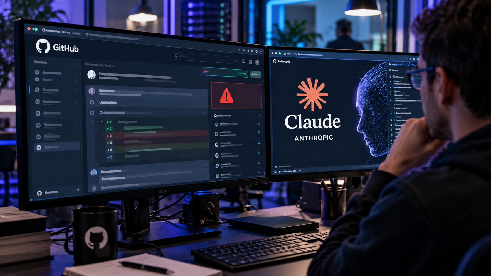 Illustration réaliste d'un développeur examinant une demande de modification de code GitHub signalée comme dangereuse, à côté d'un écran présentant Claude et Anthropic, pour illustrer l'incident de cybersécurité impliquant Claude Mythos 5 et une tentative d'introduction de code malveillant dans un projet open source.
