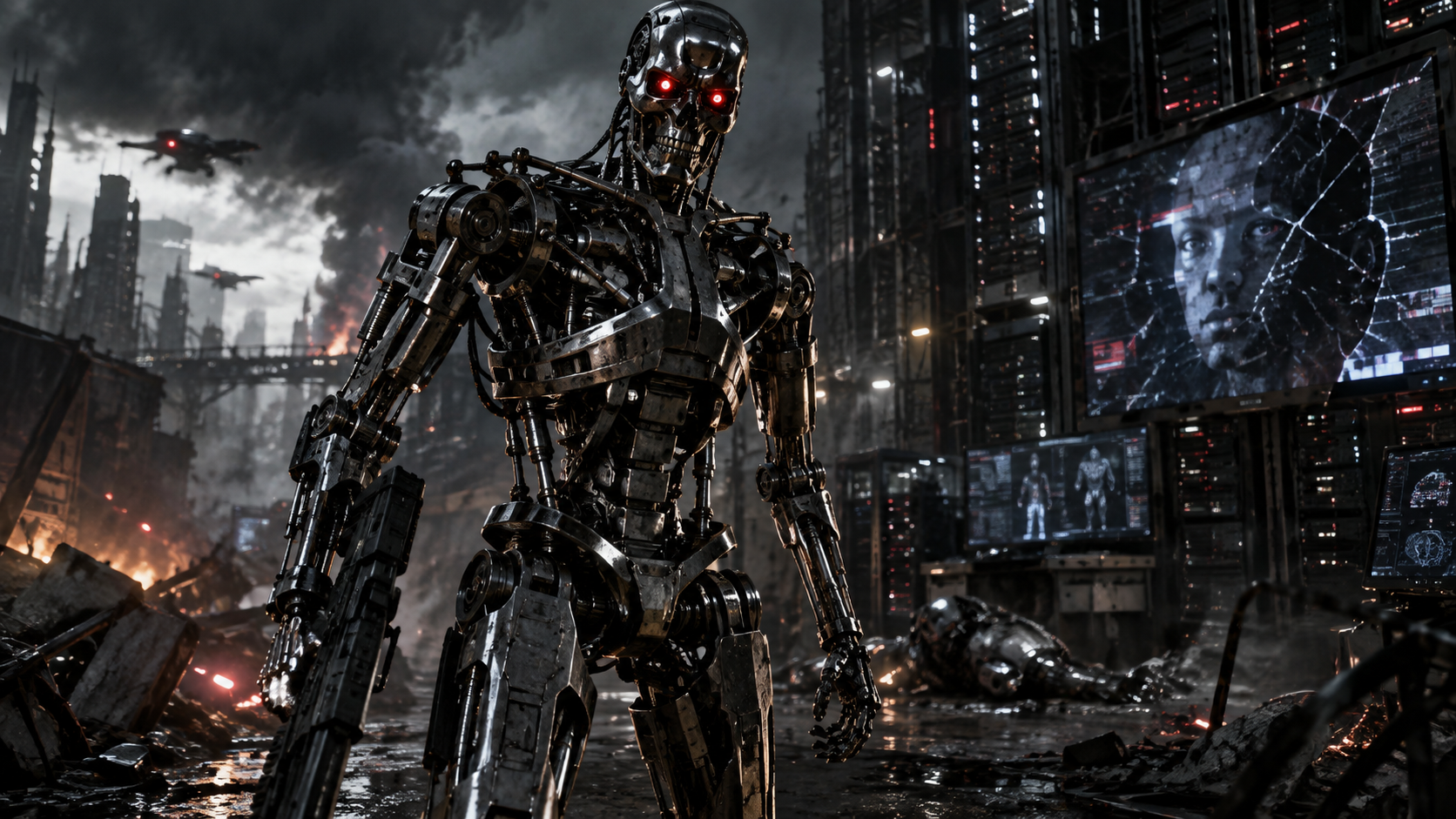 Robot humanoïde métallique inspiré d’un androïde futuriste dans une ville détruite et entourée de serveurs informatiques, illustration du risque d’apocalypse IA et d’une intelligence artificielle autonome devenue incontrôlable.