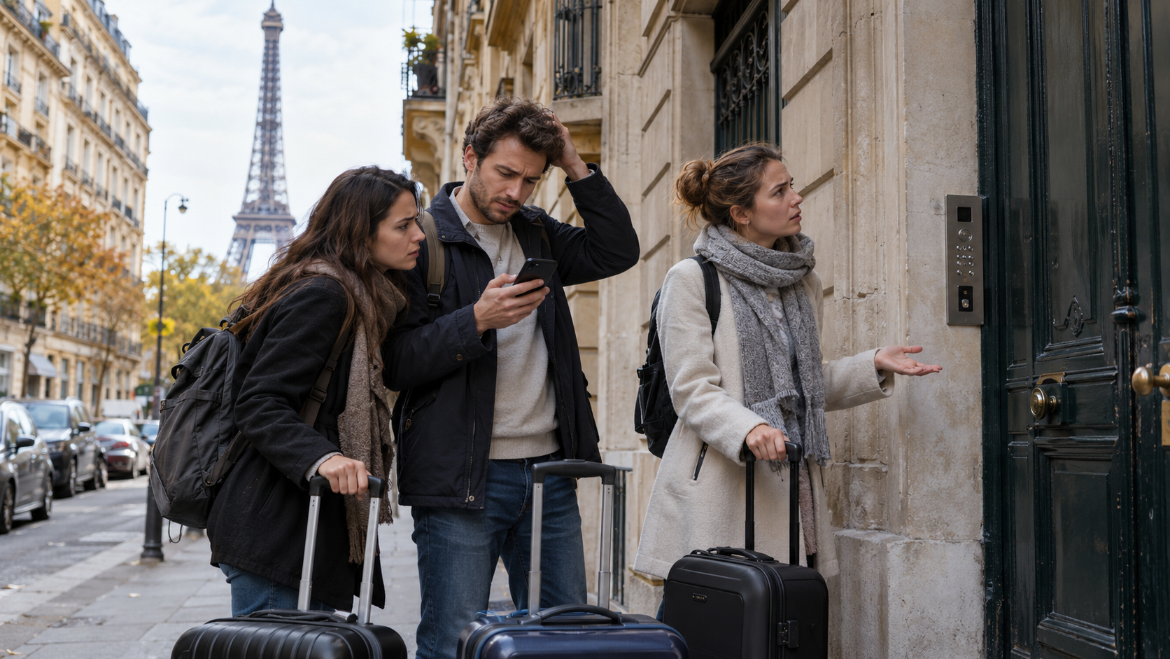 Touristes avec leurs valises devant un immeuble parisien après avoir découvert que leur appartement réservé sur Booking.com n’existe pas, avec la tour Eiffel en arrière-plan.