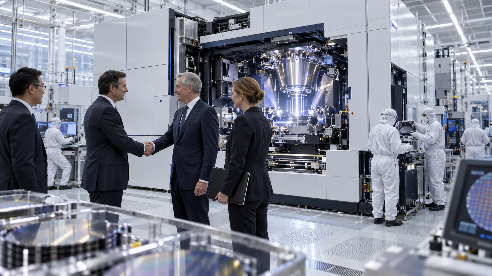 Machine de lithographie EUV de nouvelle génération dans une usine de semi-conducteurs, illustrant le rôle stratégique d’ASML dans la fabrication des puces IA avancées pour TSMC, Samsung, Intel et SK Hynix.