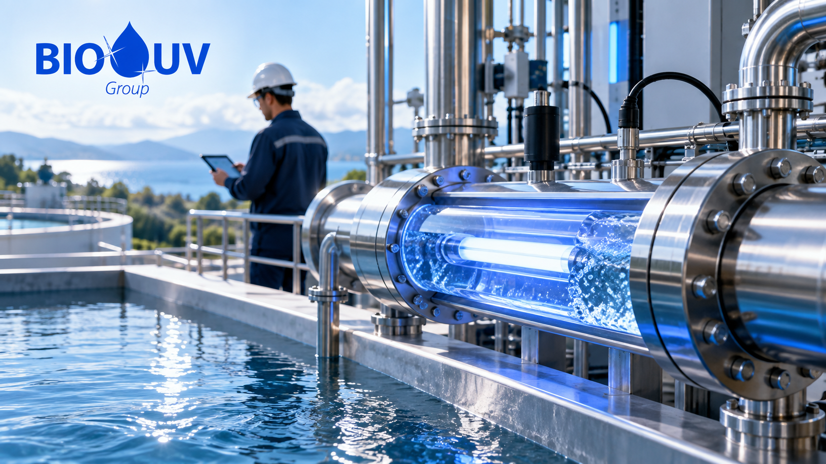 Photo illustrant l’activité de BIO-UV Group avec un équipement de traitement et de désinfection de l’eau par UV, des installations industrielles en inox, un bassin de traitement et un technicien en arrière-plan, dans le contexte des résultats semestriels 2026 du groupe.