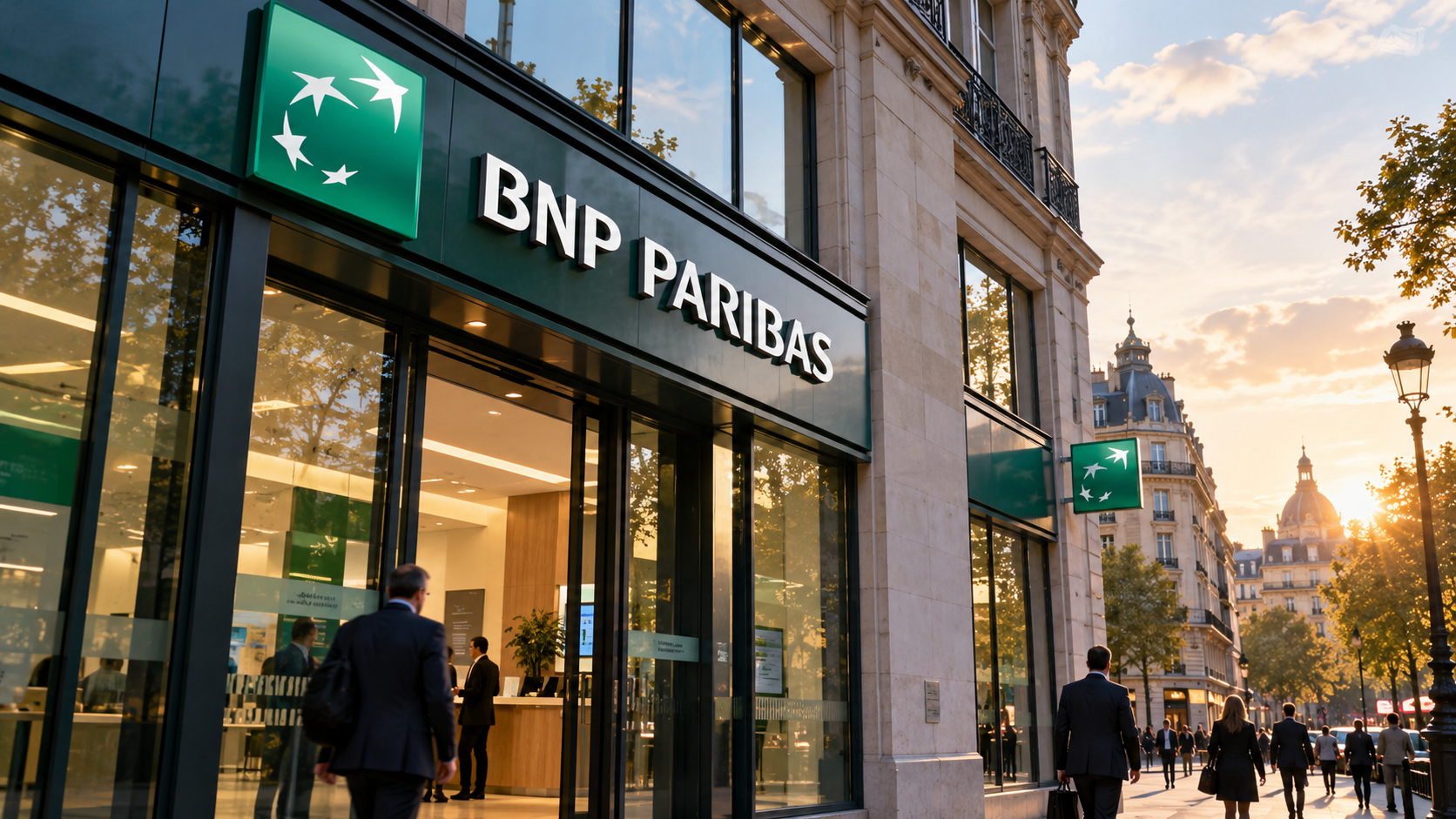 Illustration réaliste d'une agence BNP Paribas à Paris, avec son enseigne et son logo vert sur une façade vitrée, accompagnant les résultats financiers du troisième trimestre 2026 et l'annonce d'un rachat d'actions de 1,3 milliard d'euros.