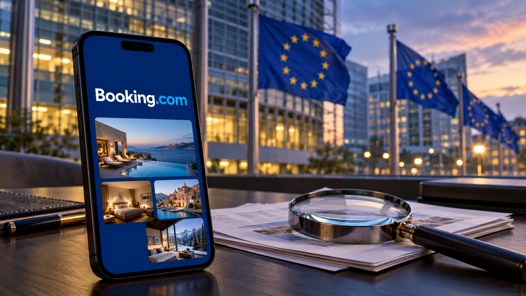 Illustration de l’enquête européenne visant Booking.com : un smartphone affichant la marque et des hébergements, près d’une loupe posée sur des documents, devant des drapeaux de l’Union européenne à Bruxelles.
