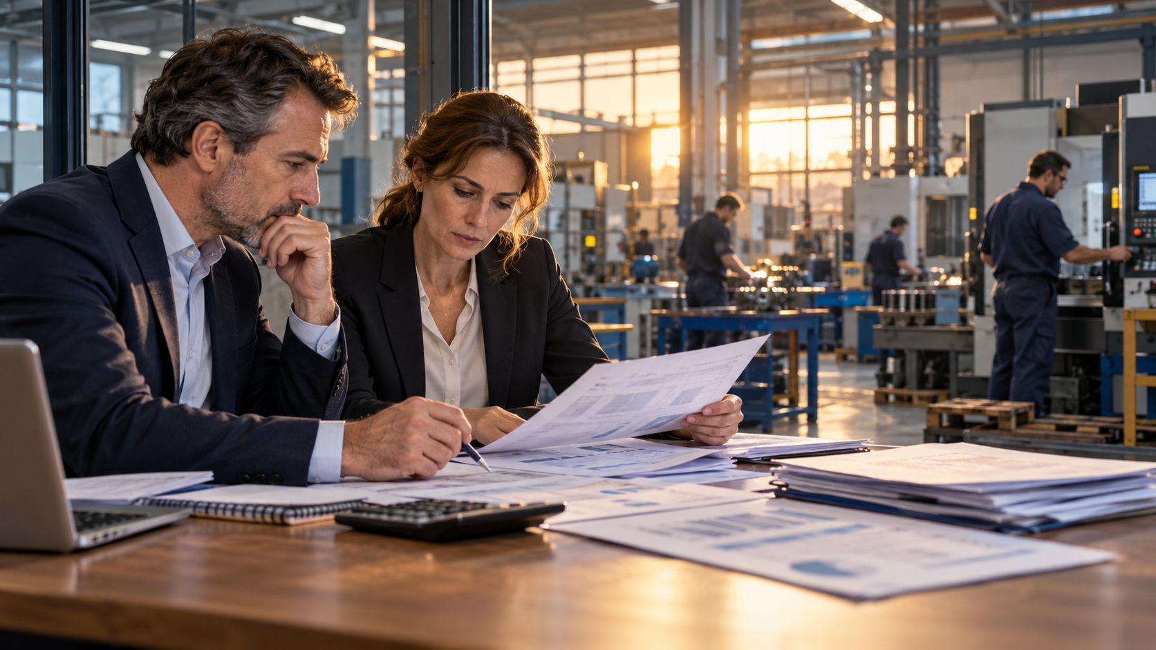 Illustration photoréaliste d'un dirigeant de PME industrielle française et d'une responsable financière analysant des documents comptables, des graphiques et des charges salariales dans un atelier de production. En arrière-plan, plusieurs employés travaillent sur des machines industrielles. Cette scène illustre les inquiétudes des entreprises concernant le Budget 2027, la hausse potentielle du coût du travail et l'alerte du Medef sur 11 milliards d'euros de surcoût, soit 550 euros par salarié en moyenne.
