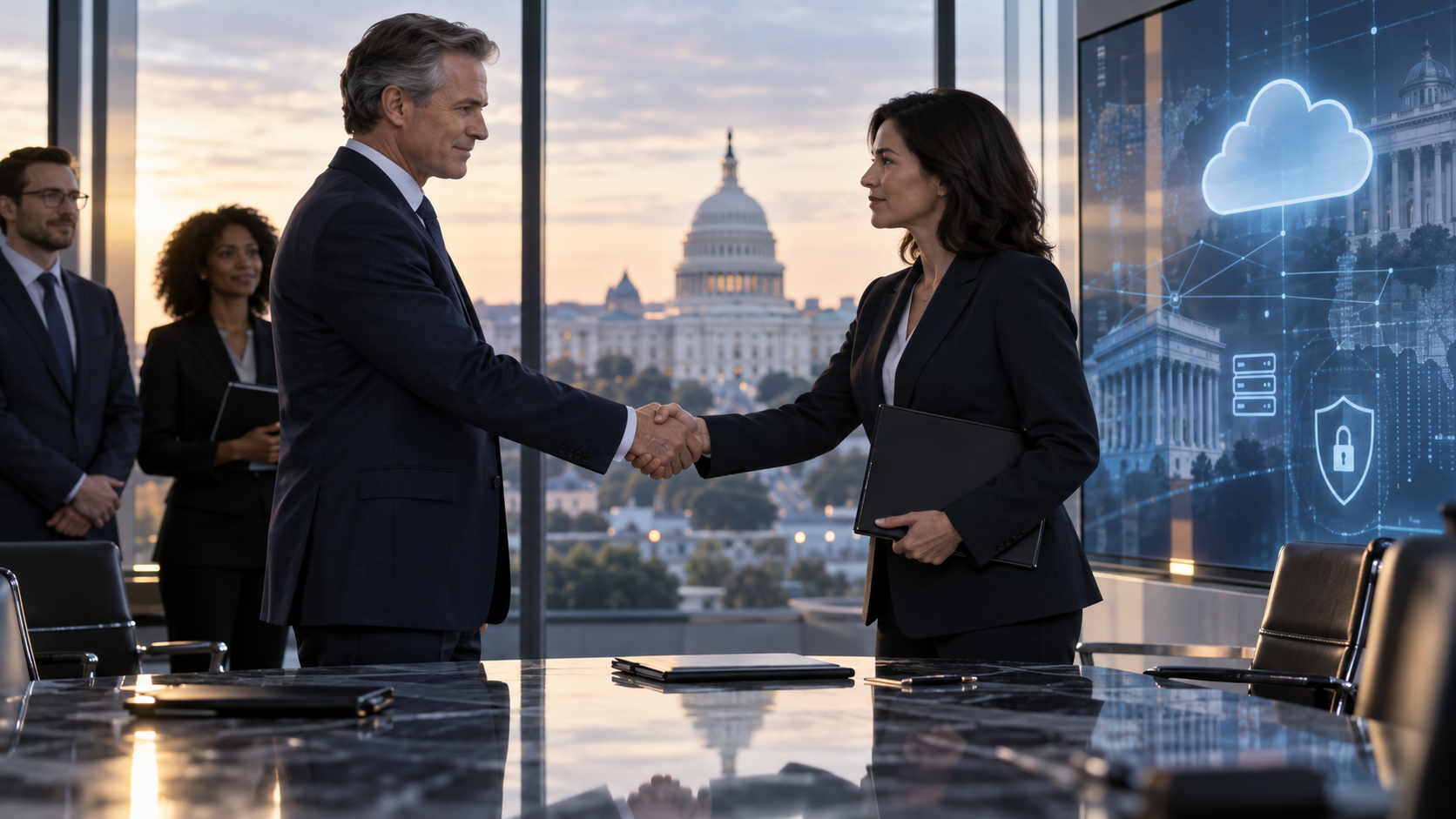 Poignée de main entre dirigeants lors d’un accord technologique à Washington, illustrant la vente de Capgemini Government Solutions à ITC Federal aux États-Unis.