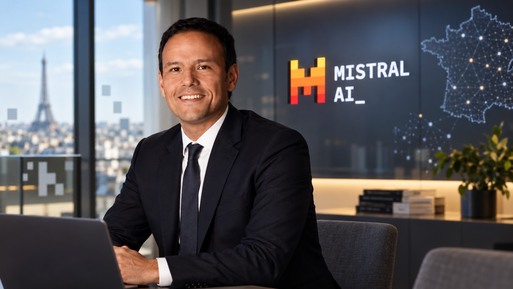 Cédric O dans un environnement professionnel aux côtés du logo Mistral AI, illustrant sa participation au capital et son rôle historique auprès de l’entreprise française d’intelligence artificielle.