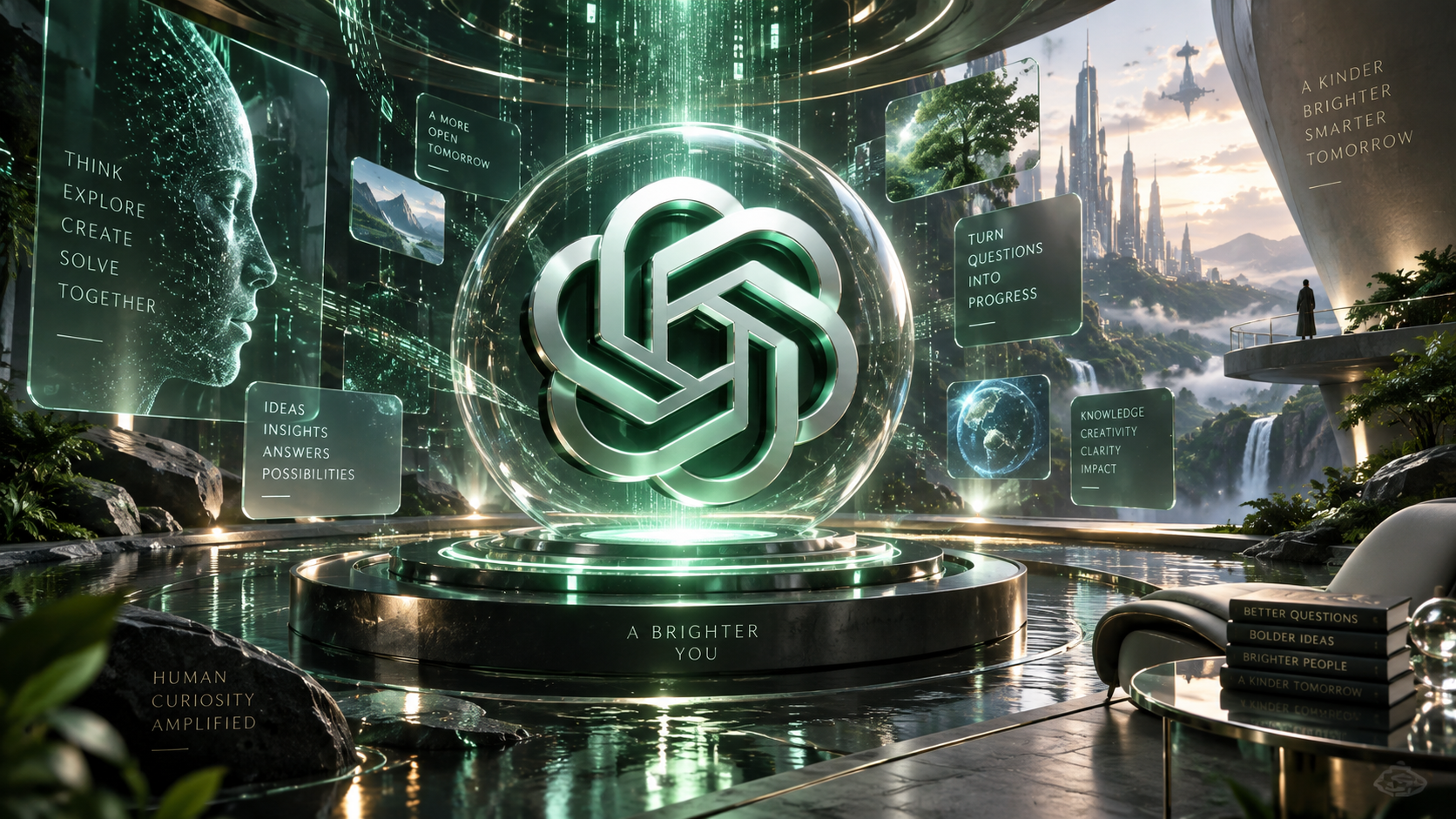 Représentation 3D futuriste de ChatGPT avec le logo OpenAI au centre d’une sphère lumineuse, entourée d’interfaces holographiques et d’éléments technologiques.
