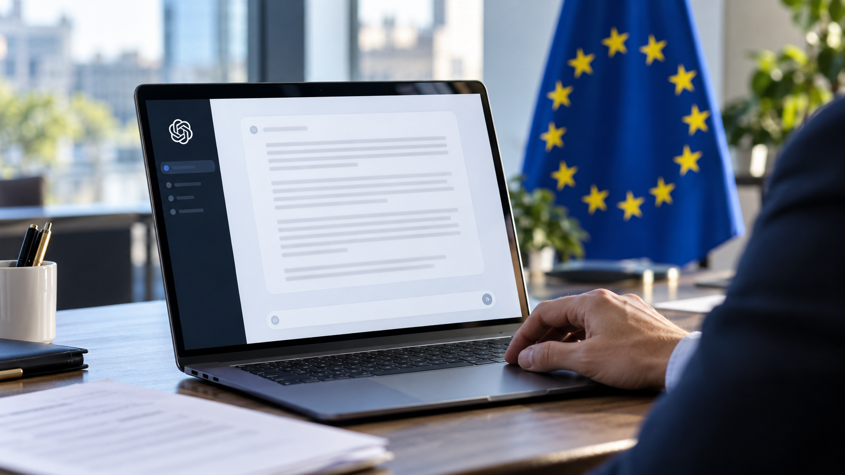 Illustration d’un professionnel utilisant un ordinateur affichant une interface de type ChatGPT, avec un drapeau de l’Union européenne en arrière-plan.