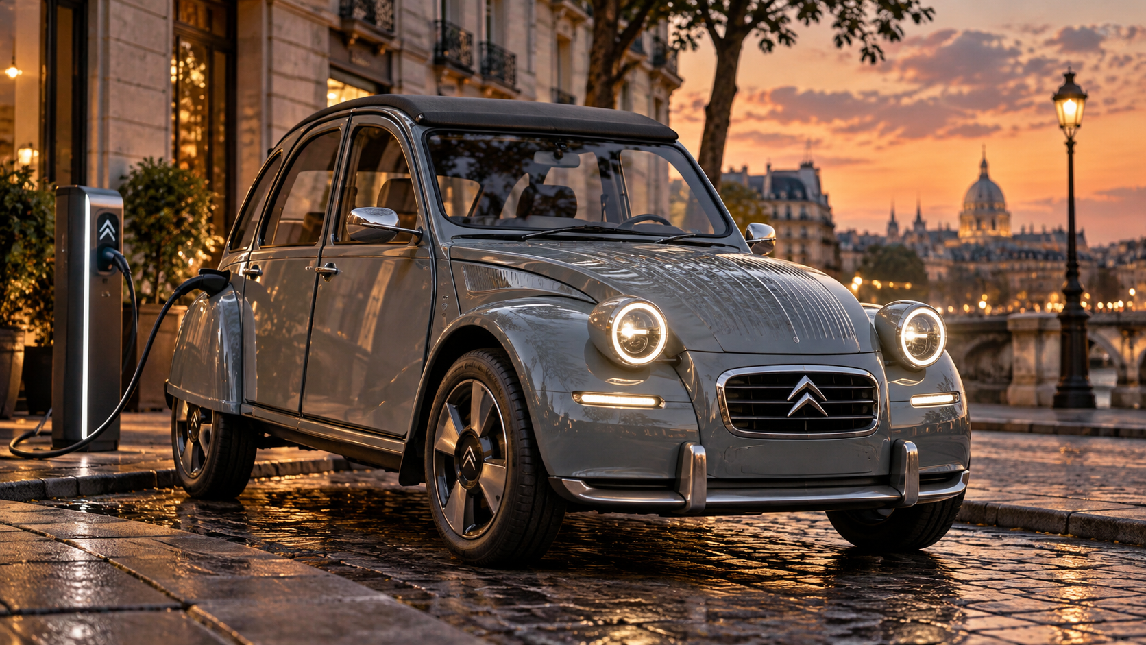 Concept de Citroën 2CV électrique moderne à environ 15 000 euros, inspiré du design iconique de la 2CV avec phares ronds, carrosserie rétro revisitée et recharge électrique en environnement urbain.