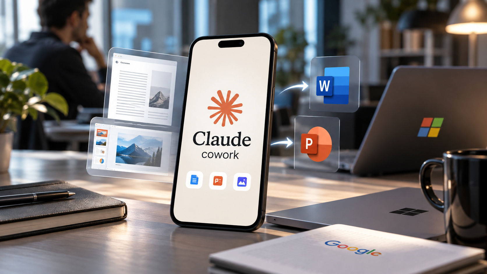 Smartphone affichant Claude Cowork d’Anthropic dans un environnement de travail numérique, entouré de documents et présentations illustrant l’arrivée de Claude Docs et Claude Slides face à Microsoft Word et PowerPoint.