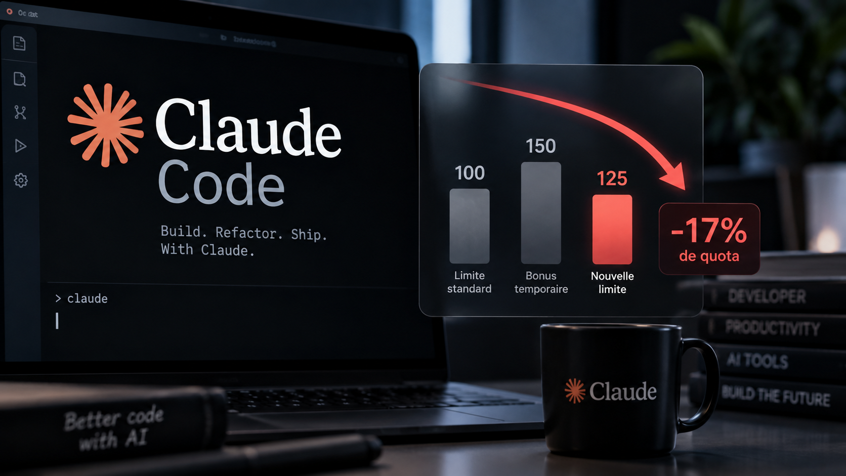 Interface Claude Code avec le logo Claude et un graphique montrant le passage d’un quota temporaire de 150 à une nouvelle limite de 125, soit une baisse d’environ 17 % de la capacité hebdomadaire disponible.