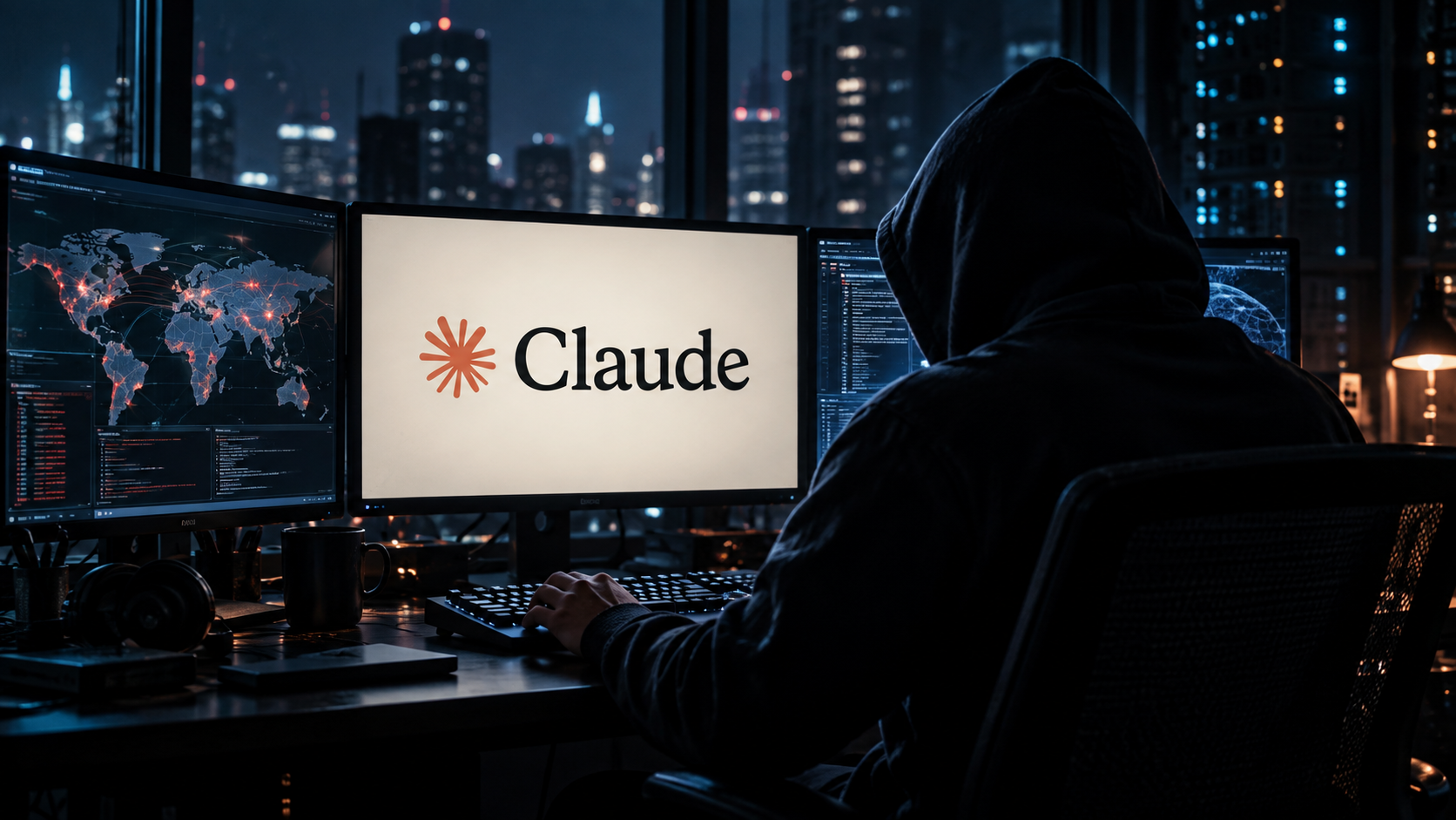 Hacker encapuchonné utilisant Claude d’Anthropic sur un écran d’ordinateur dans un environnement sombre de cybersécurité, entouré de plusieurs moniteurs affichant des cartes réseau et des interfaces techniques, illustration d’une cyberattaque assistée par intelligence artificielle.