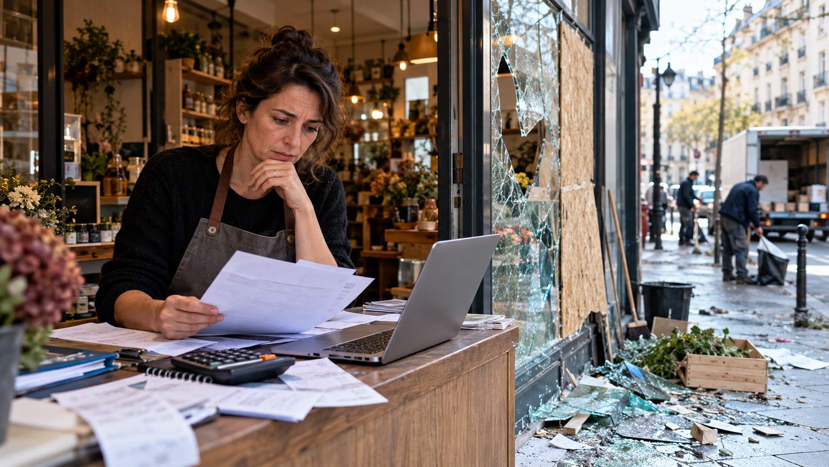 Commerçante française examinant des documents financiers et administratifs devant son ordinateur, à l'intérieur de sa boutique dont la vitrine a été brisée après des dégradations. Des éclats de verre et des débris sont visibles devant le commerce pendant des opérations de nettoyage. Cette scène illustre les difficultés financières rencontrées par les commerçants victimes de vandalisme en octobre 2026 et leurs démarches pour obtenir les aides publiques, notamment le prêt à taux zéro Bpifrance pouvant atteindre 50 000 euros et l'aide d'urgence de 1 500 euros destinée aux artisans éligibles.