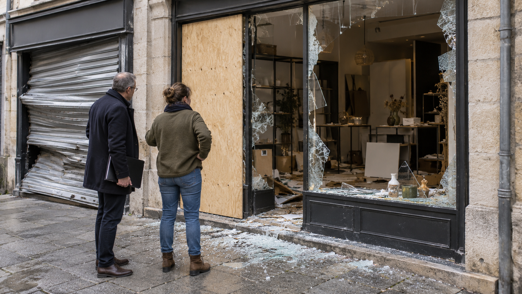 Devanture d’un commerce vandalisé dans une rue bordée d’immeubles en pierre, avec une grande vitrine brisée, des éclats de verre sur le trottoir et une ouverture protégée par un panneau de bois. Le rideau métallique du commerce voisin est déformé. Deux personnes observent les dommages, dont l’une tient un dossier sous le bras. Cette illustration réaliste évoque l’évaluation des dégâts et la préparation de la réouverture d’un commerce sinistré.