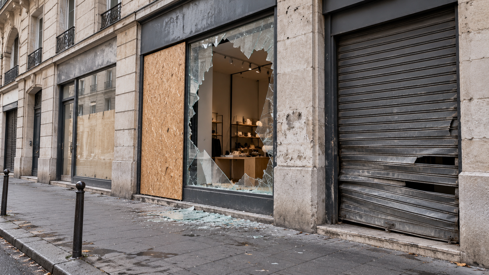 des commerces vandalisés dans une rue bordée d’immeubles en pierre. Au premier plan, une vitrine brisée est partiellement protégée par un panneau de bois, avec des éclats de verre sur le trottoir. À droite, un rideau métallique déformé ferme une boutique voisine. La rue est vide, éclairée par une lumière naturelle grise.