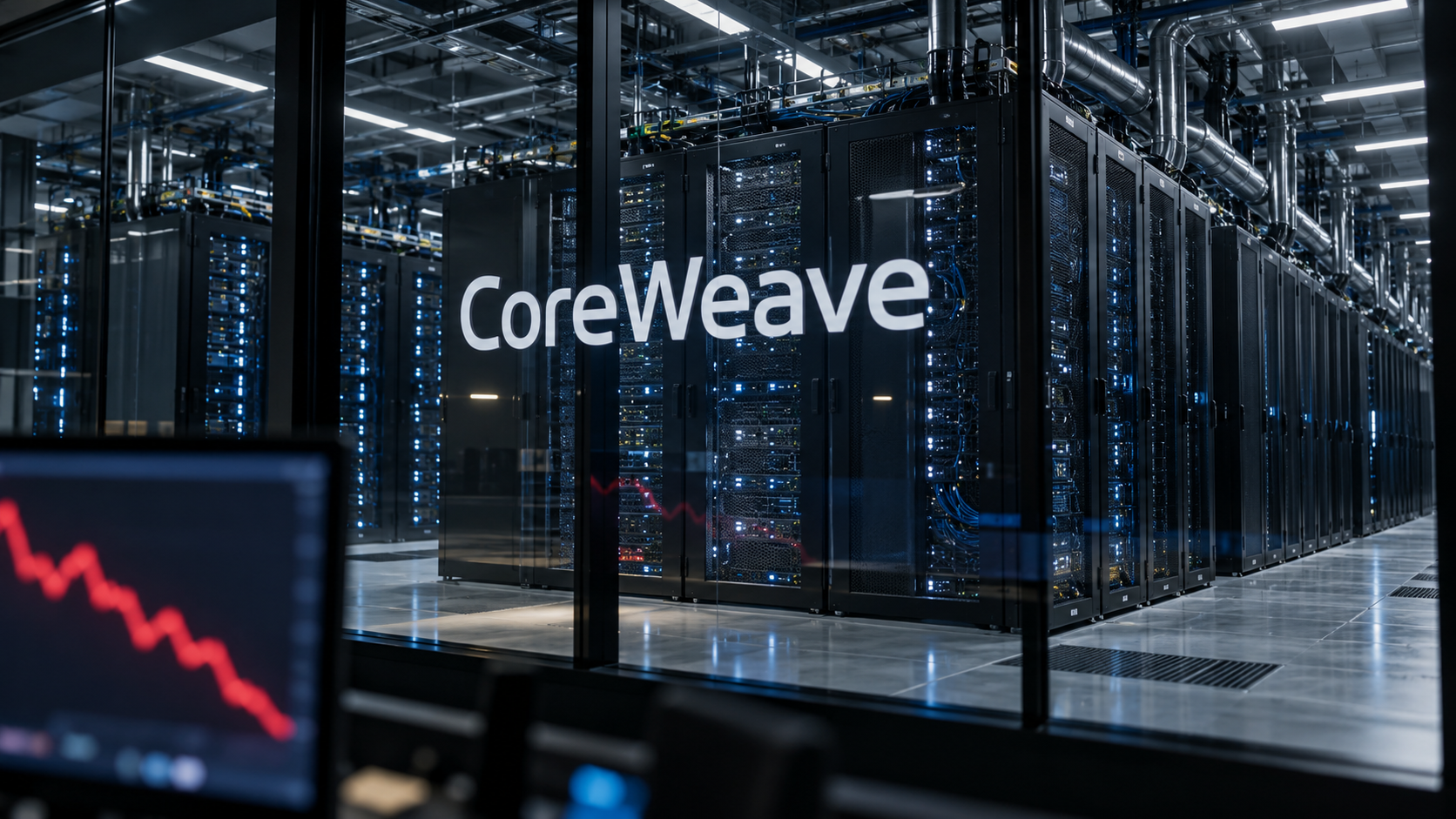 Illustration d’un centre de données dédié à l’intelligence artificielle, avec le logo CoreWeave sur une paroi vitrée, des rangées de serveurs noirs éclairées de voyants bleus et un écran affichant une courbe rouge descendante au premier plan. Le visuel évoque les tensions liées à la dette de CoreWeave et au coût du financement des infrastructures de calcul pour l’IA.