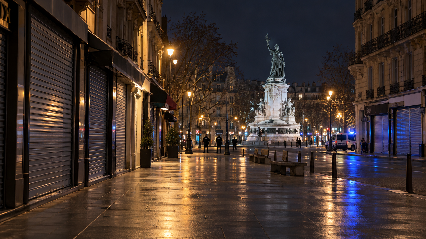 Illustration réaliste d’une scène nocturne inspirée de la place de la République à Paris, avec le monument à la République éclairé au second plan et des commerces aux rideaux métalliques baissés de chaque côté de la rue. Quelques silhouettes de policiers et un véhicule aux gyrophares bleus apparaissent à distance. Les lumières des réverbères et les reflets bleutés se reflètent sur le pavement humide, dans un espace public presque désert.