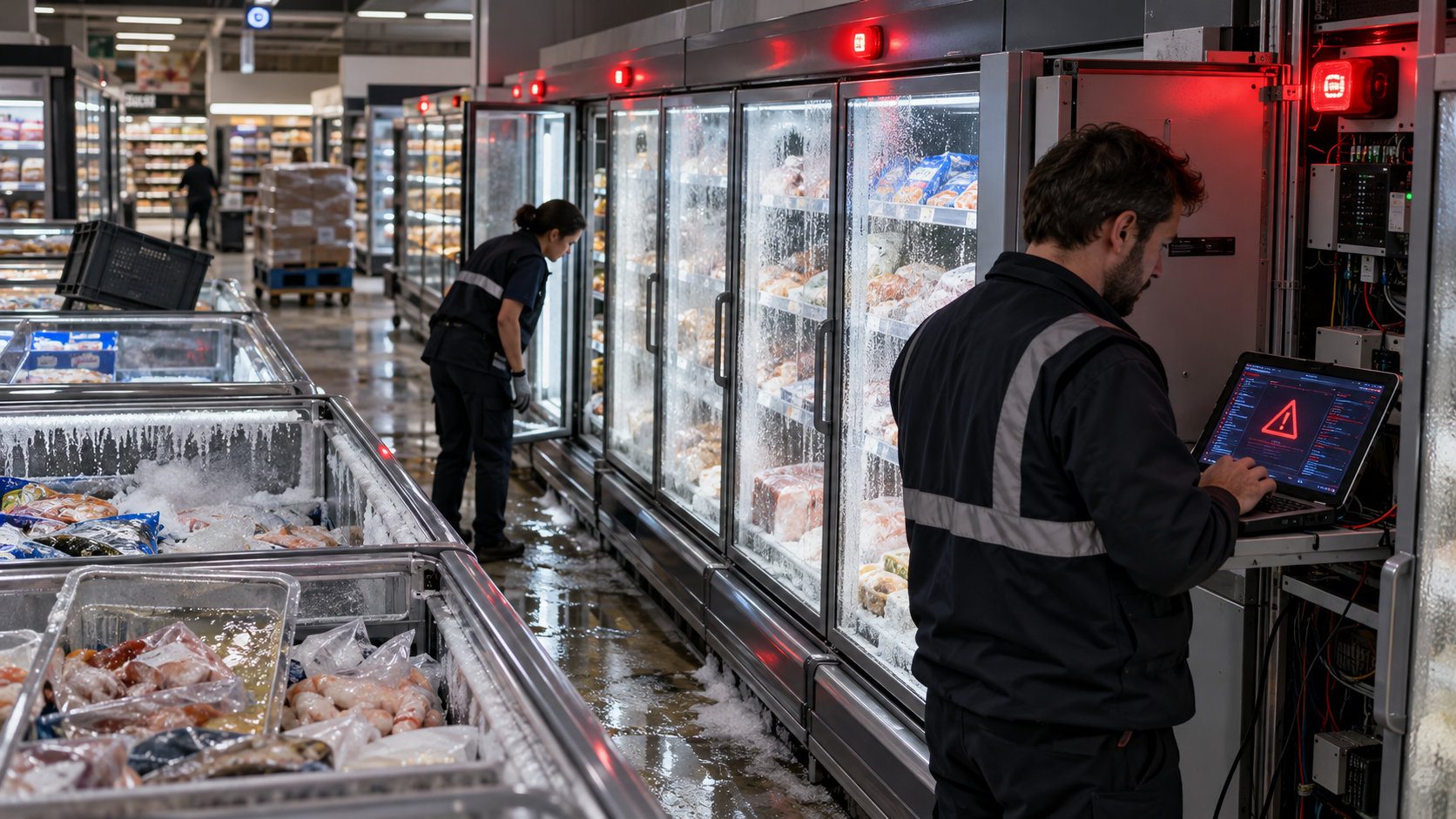 Techniciens intervenant dans le rayon frigorifique d’un supermarché après une cyberattaque visant les systèmes de réfrigération, alors que plusieurs enseignes françaises dont Intermarché, Netto, Carrefour, Coopérative U et Monoprix ont été touchées par des compromissions d’équipements connectés.