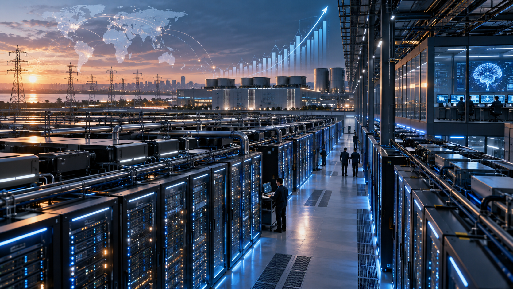 Vue panoramique d’un immense data center dédié à l’intelligence artificielle, composé de rangées de serveurs et d’infrastructures de refroidissement, avec des lignes électriques, un réseau numérique mondial et une courbe de croissance symbolisant les 31 600 milliards de dollars d’investissements potentiels dans les centres de données d’ici 2050.