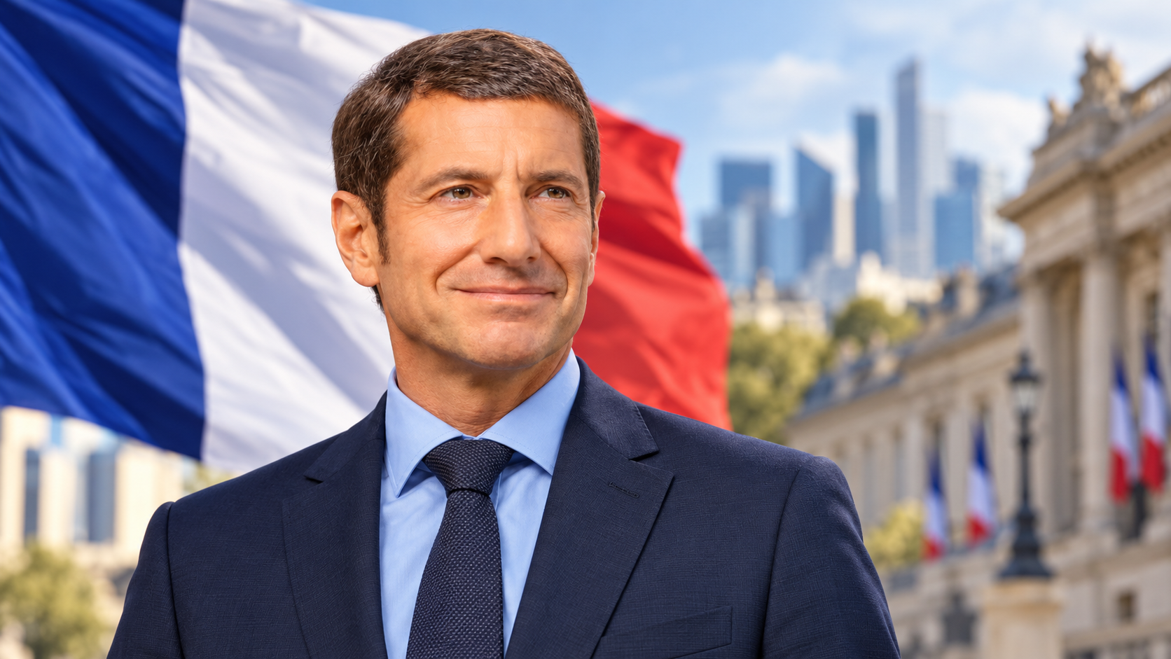 Illustration éditoriale pour un article consacré à David Lisnard, à la présidentielle 2027 et à son projet économique pour les entreprises françaises, avec drapeau tricolore et environnement institutionnel.