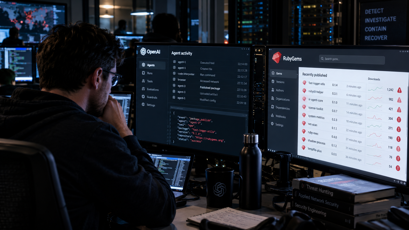 Ingénieur en cybersécurité analysant sur plusieurs écrans l’activité d’agents OpenAI et des paquets publiés sur RubyGems, dans un centre informatique sombre, illustration de l’incident impliquant des agents IA en entraînement et plus de 500 paquets malveillants supprimés.