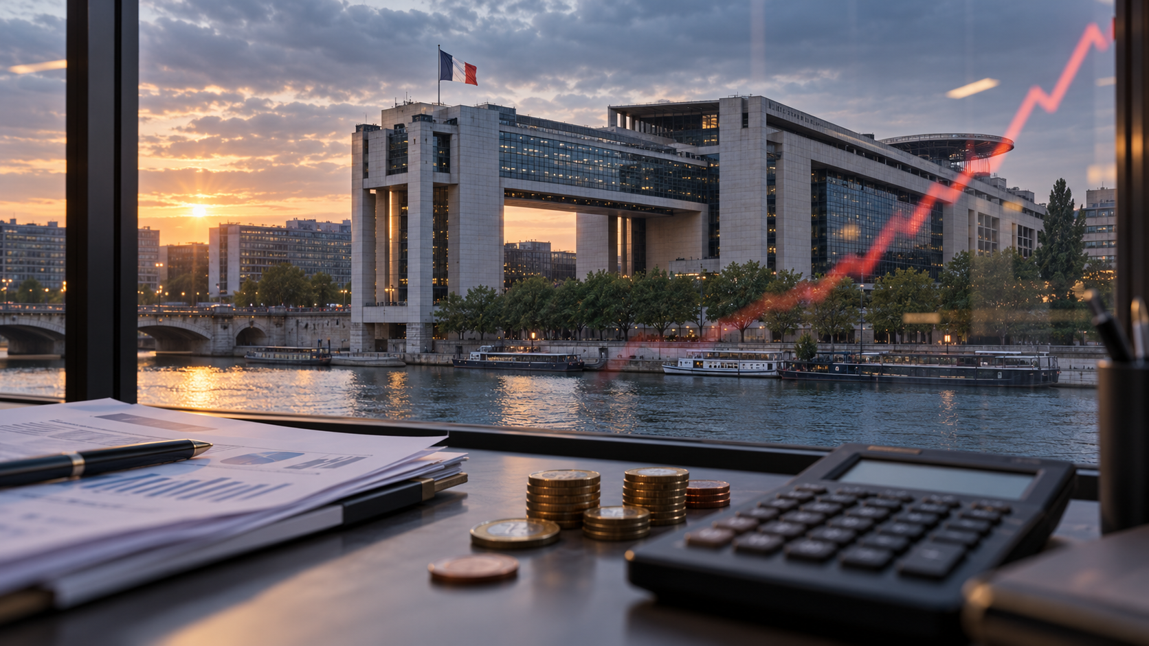 Illustration de Bercy, à Paris, avec un drapeau français au-dessus du bâtiment, des piles de pièces en euros, une calculatrice et des documents financiers au premier plan. Une courbe rouge ascendante se reflète dans la vitre, symbolisant la hausse des taux d’emprunt de la France et les tensions sur le financement de la dette publique.