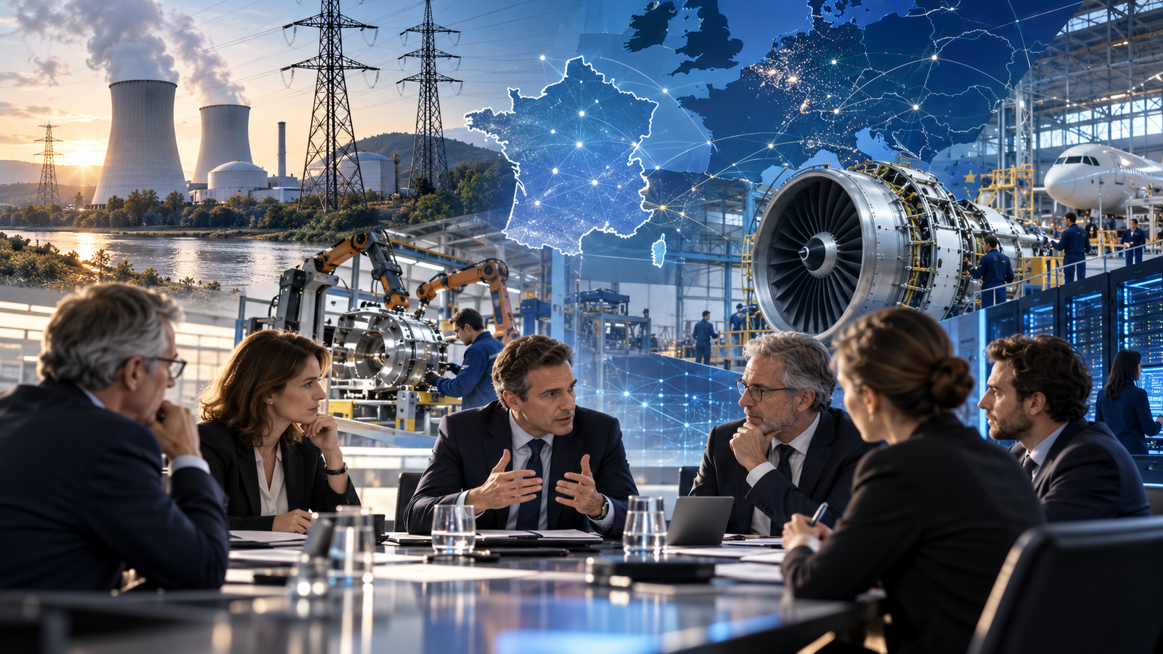 Illustration de la souveraineté industrielle et technologique française, symbolisant l'engagement d'EDF, Michelin, Safran et de cinq autres organisations dans la création du fonds de dotation Avenir Souveraineté en 2026. Cette initiative vise à mobiliser 50 millions d'euros sur cinq ans pour soutenir la recherche, les réflexions stratégiques et le renforcement de l'autonomie économique et industrielle européenne.