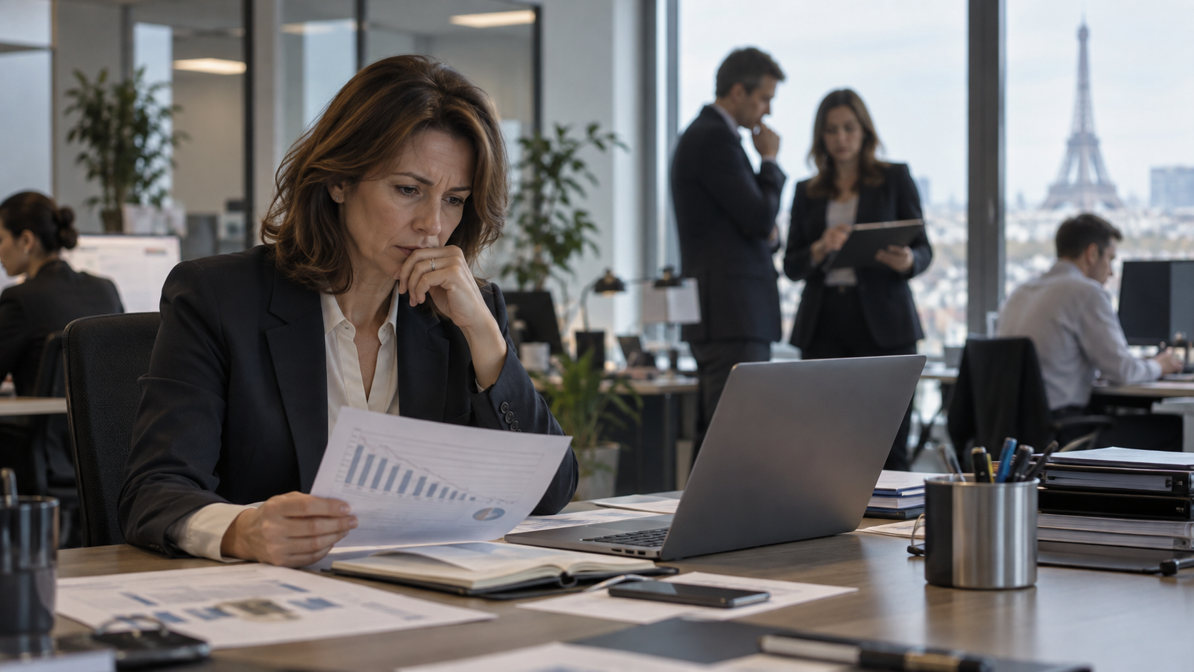 Dirigeante d’entreprise française analysant des données sur l’emploi et les effectifs dans un bureau à Paris, illustrant le recul des intentions de recrutement des PME et ETI en septembre 2026.