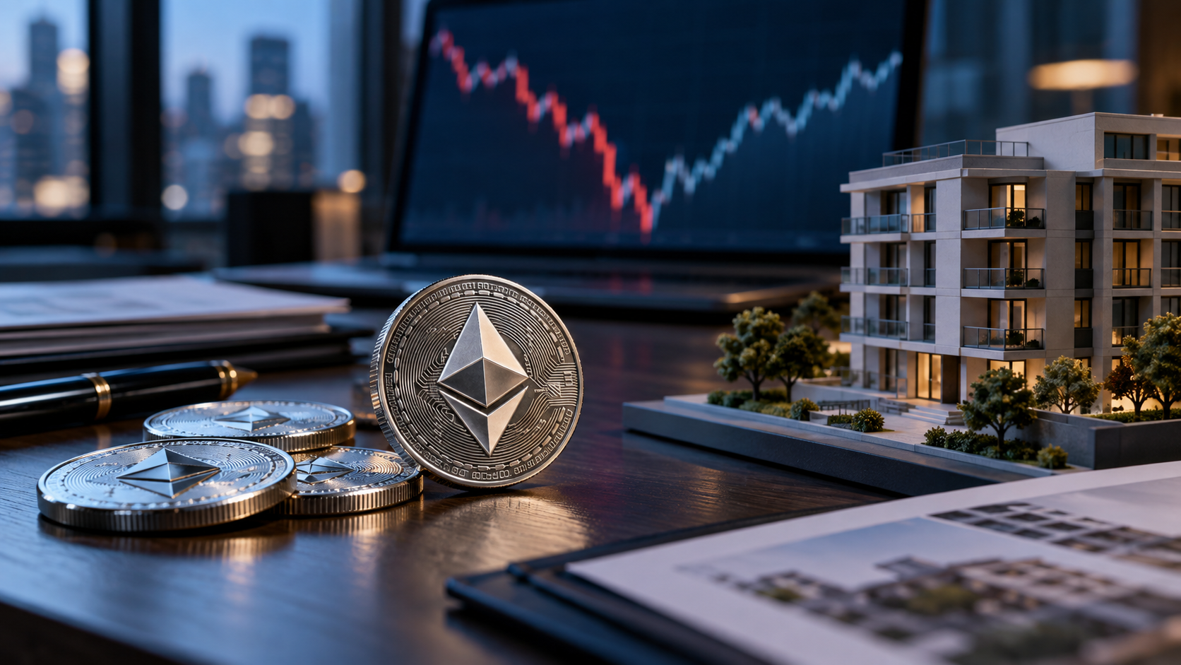 Jetons métalliques au symbole Ethereum sur un bureau, devant une maquette d’immeuble et un écran affichant une courbe financière.