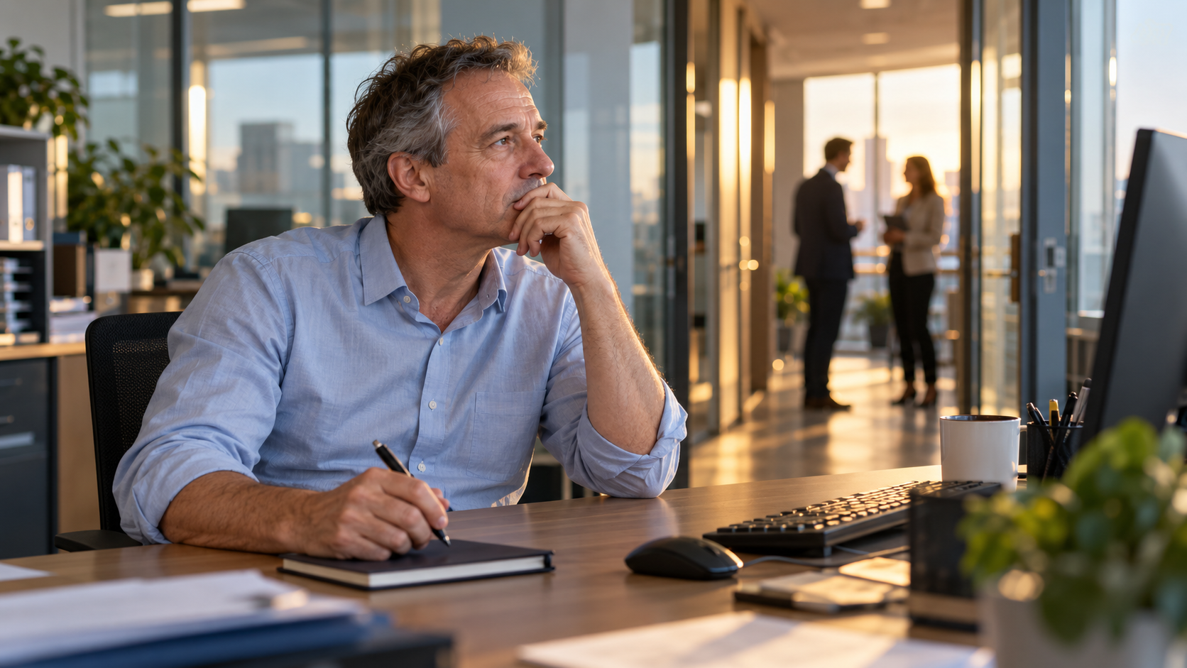 Un salarié pensif à son bureau, devant un ordinateur, avec deux collègues discutant en arrière-plan.