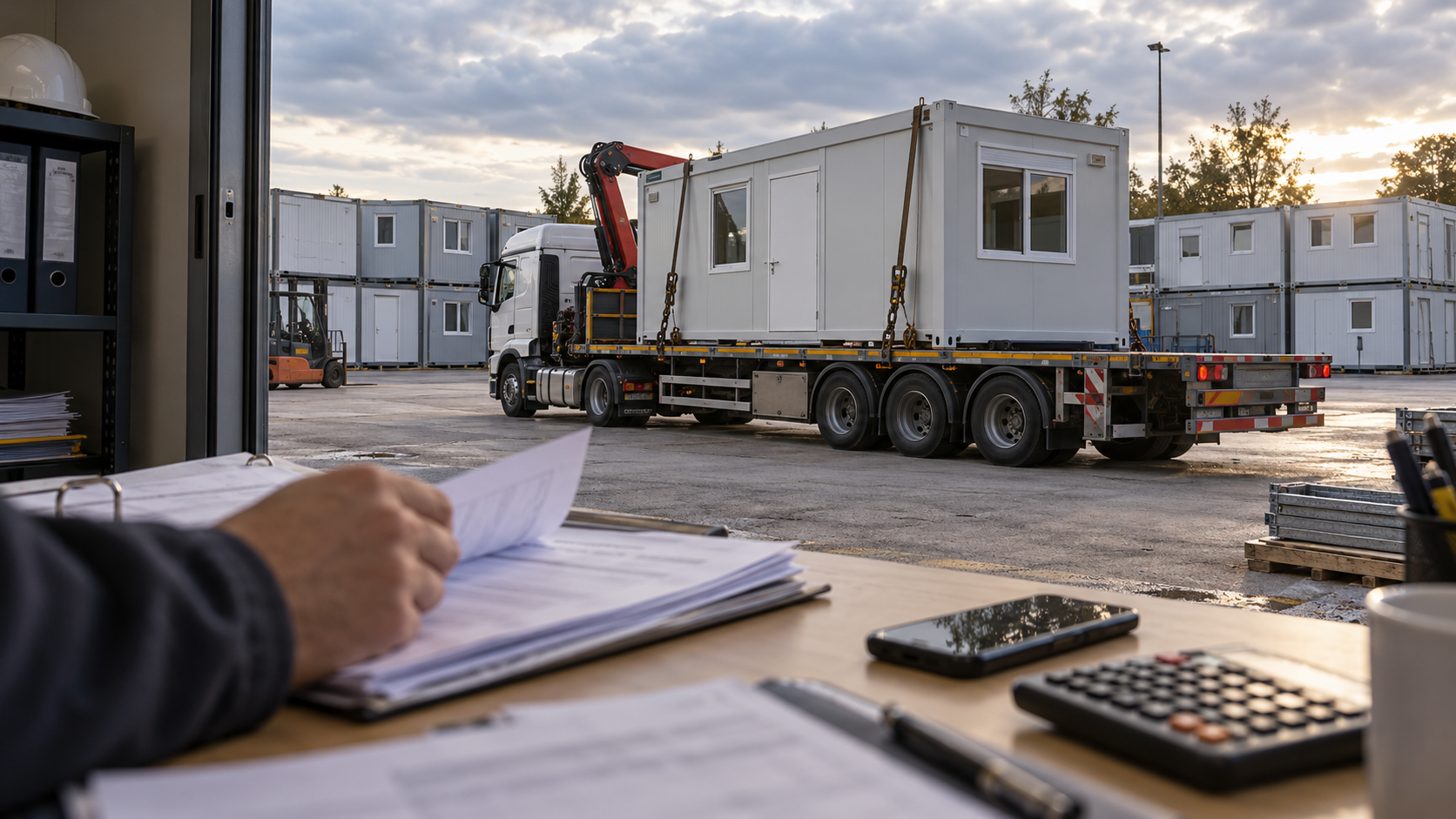 Illustration d’une livraison de bâtiment modulaire dans une cour industrielle : un module blanc est arrimé sur un camion plateau équipé d’une grue, devant plusieurs constructions préfabriquées. Au premier plan, une personne examine un dossier de commande dans un bureau donnant sur la cour, à côté d’un smartphone et d’une calculatrice. La scène évoque les vérifications commerciales face à une escroquerie au faux client.