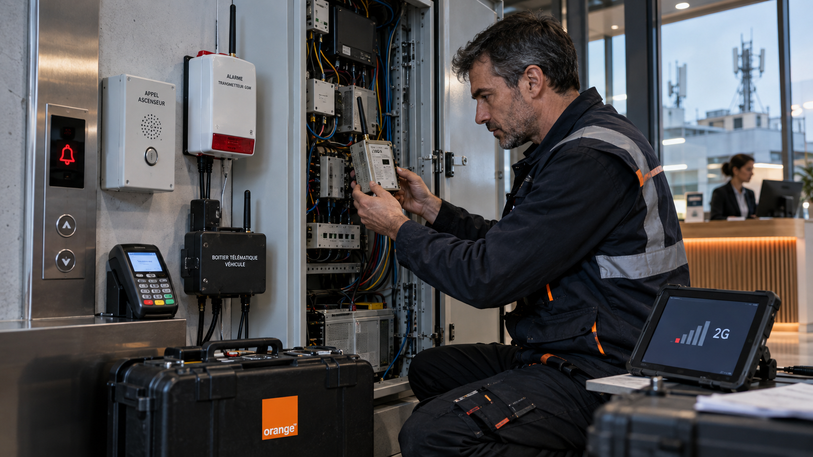 Technicien Orange inspectant un ancien module GSM dans une armoire technique, entouré d’une alarme, d’un système d’appel d’ascenseur, d’un terminal de paiement et d’équipements professionnels concernés par l’extinction de la 2G en France en 2026.