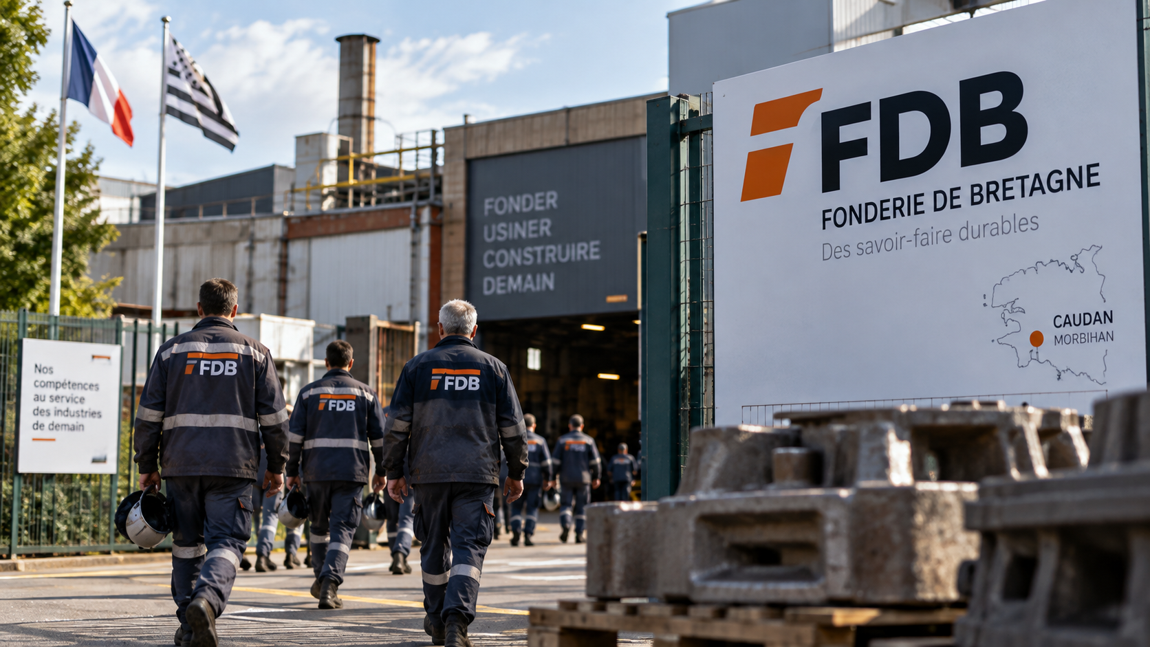 Salariés de la Fonderie de Bretagne entrant sur le site industriel de Caudan, dans le Morbihan, illustrant la recherche d’un repreneur après le dépôt de trois offres industrielles en septembre 2026.