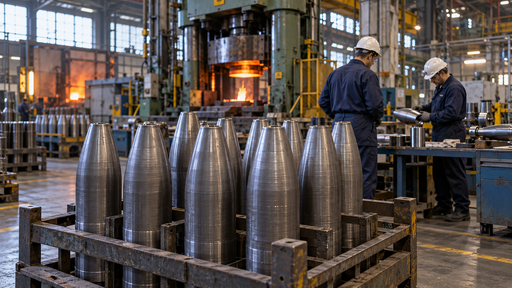 Un atelier de forge, avec des corps métalliques d’obus en cours de fabrication rangés au premier plan et deux ouvriers équipés de protections près d’une presse industrielle.