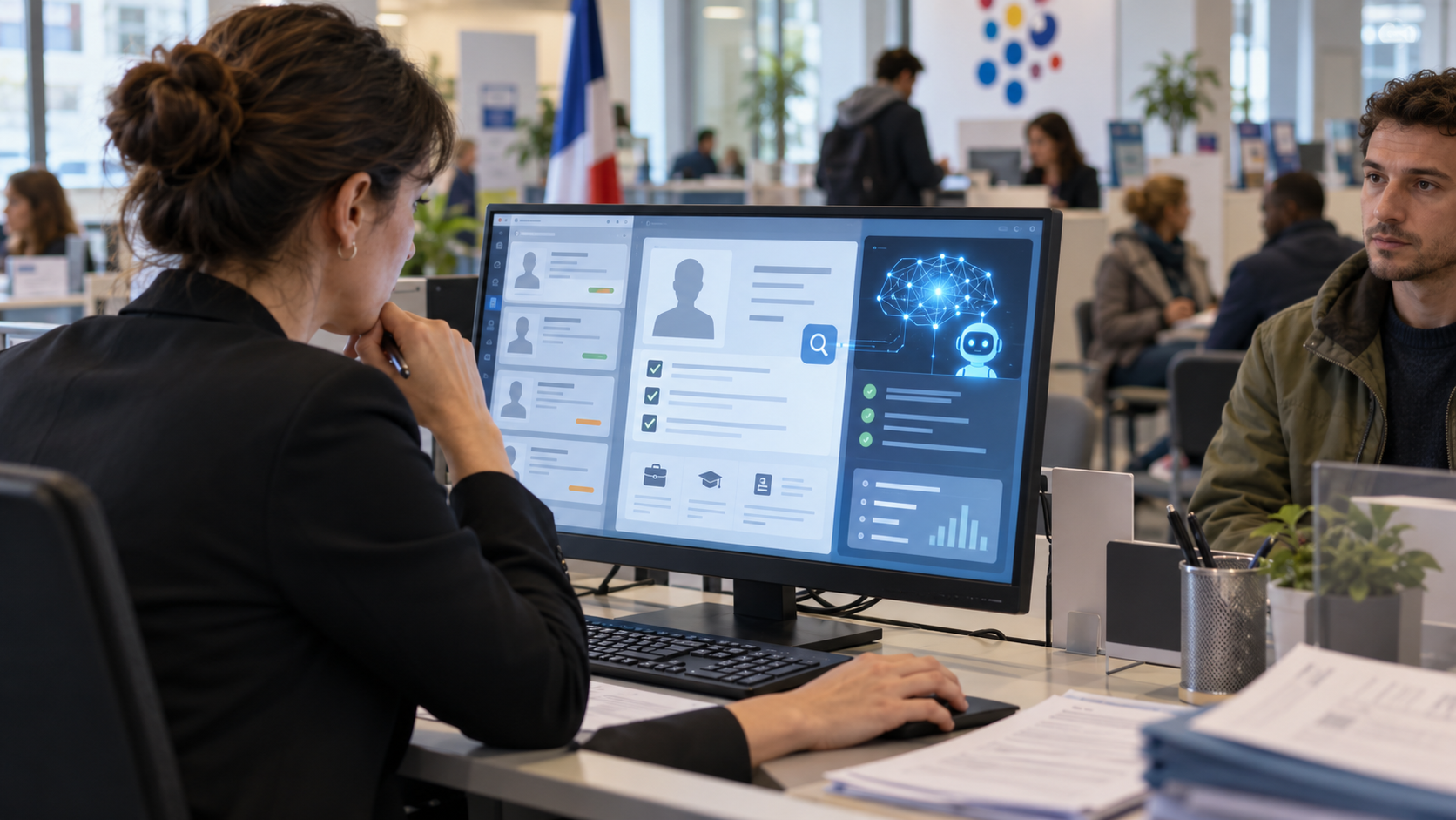 Illustration réaliste d'une conseillère dans une agence française pour l'emploi examinant sur ordinateur les dossiers de demandeurs d'emploi à l'aide d'une interface d'intelligence artificielle générative. L'écran présente des fiches administratives, des profils, des indicateurs de vérification et une représentation numérique de l'IA, tandis qu'un demandeur d'emploi se tient face au bureau. Cette scène illustre le projet expérimenté par France Travail en 2026 pour assister ses agents dans l'analyse et la synthèse des dossiers de contrôle de la recherche d'emploi, dans la perspective de l'objectif de 1,5 million de contrôles en 2027, les décisions restant confiées aux conseillers humains.