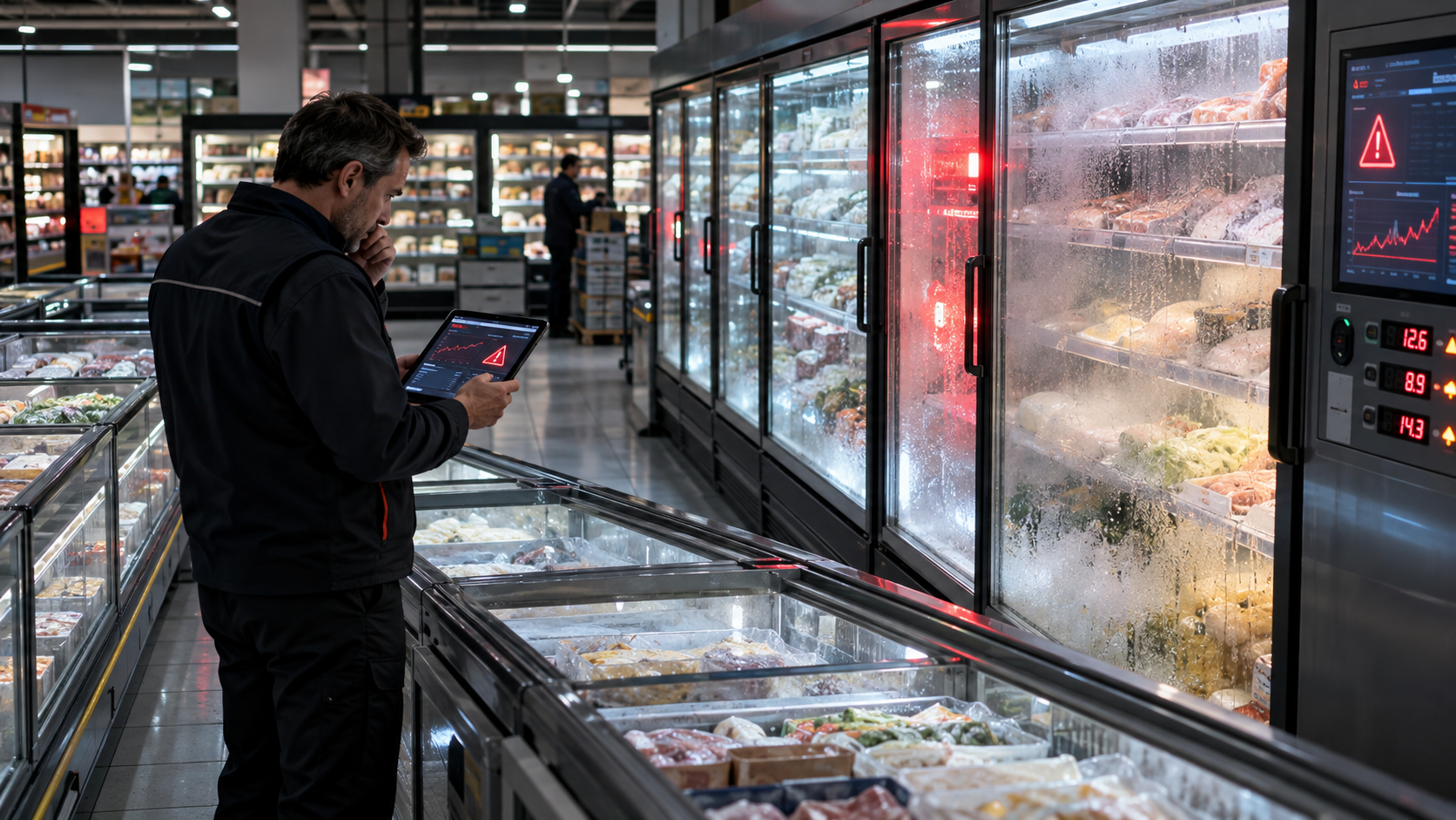     Technicien devant des vitrines et congélateurs d’un supermarché surveillant sur une tablette une alerte liée à une cyberattaque des systèmes frigorifiques connectés, illustrant le piratage de contrôleurs de réfrigération, la hausse anormale des températures et les risques de cybersécurité OT dans la grande distribution.