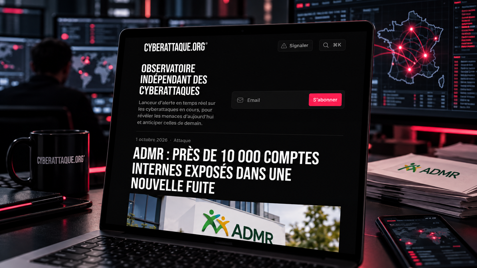 Illustration du site Cyberattaque.org affiché sur un ordinateur dans un environnement de veille en cybersécurité, avec une carte de France signalant plusieurs cyberattaques et une actualité consacrée à une fuite de données touchant l’ADMR, dans le cadre d’un article sur les fuites de données en France, les risques liés aux informations personnelles compromises et les moyens de mieux se protéger.