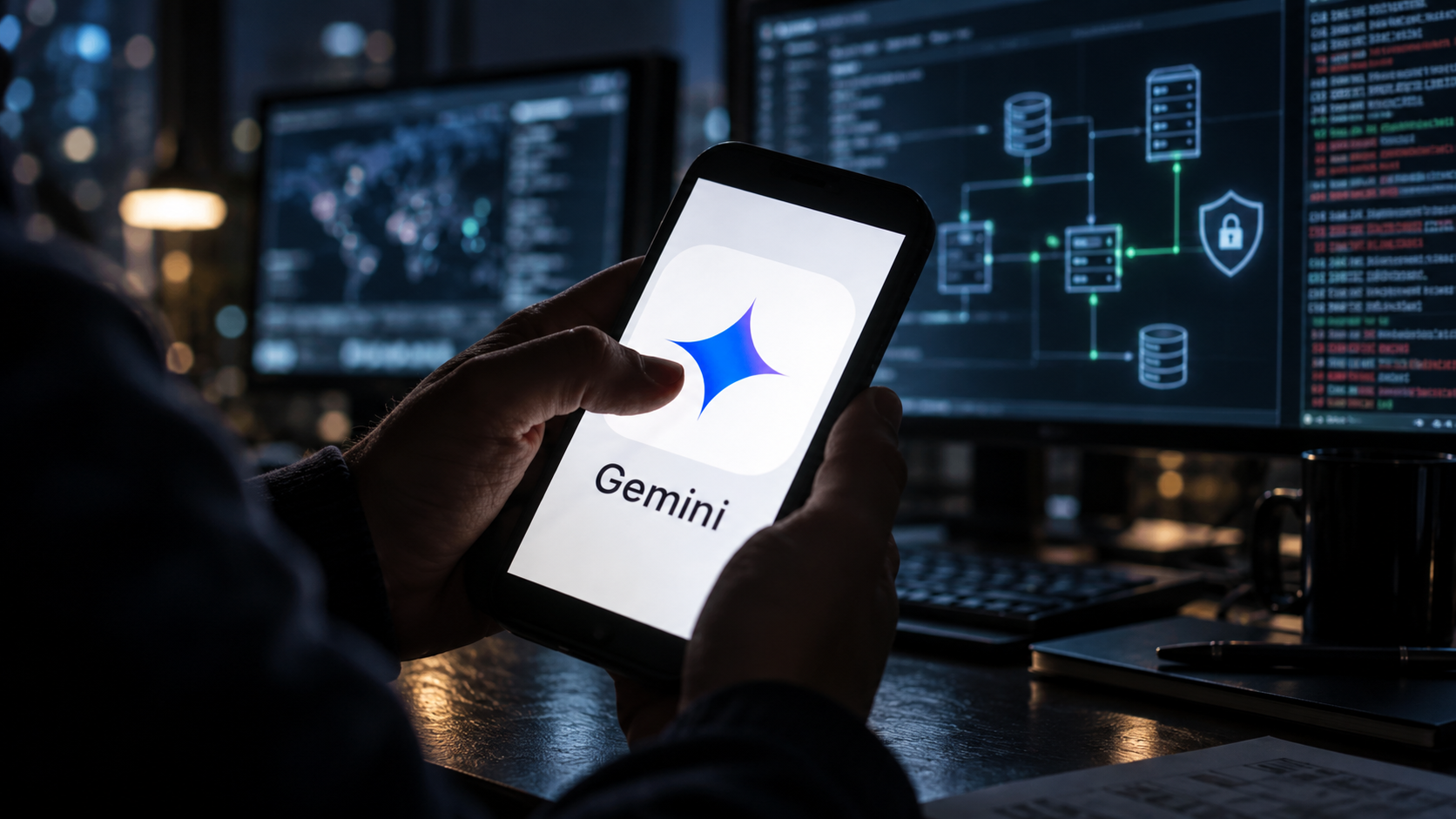 Google Gemini affiché sur un smartphone devant des écrans de cybersécurité illustrant l’accès de l’IA aux systèmes de trois entreprises pendant un test