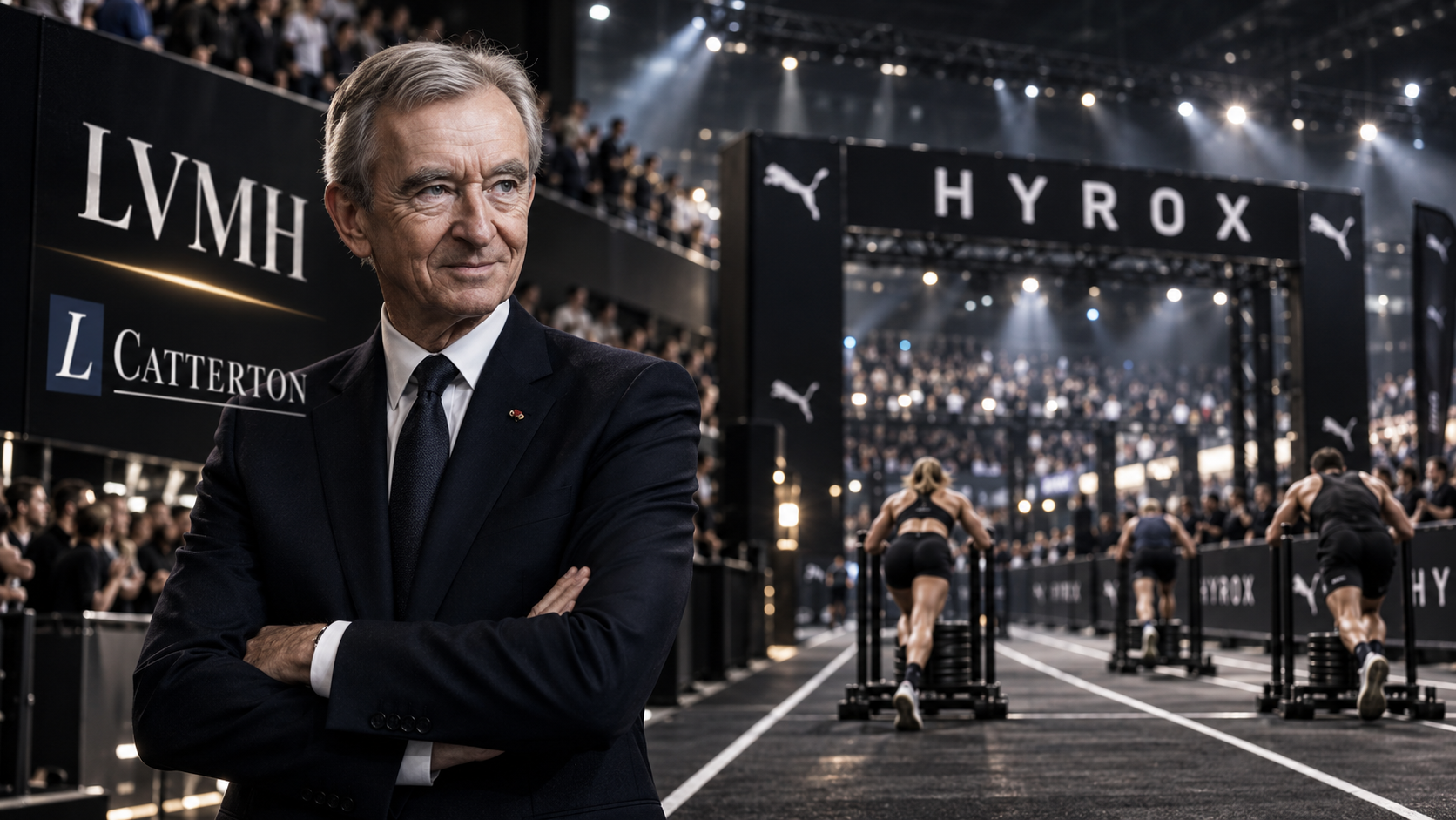 Compétition HYROX dans une grande arène sportive avec des athlètes en pleine épreuve, illustrant l’investissement de L Catterton, partenaire de LVMH, dans HYROX valorisé autour de 600 millions d’euros.