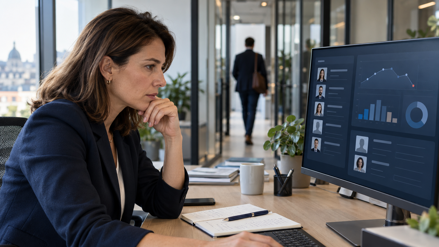 Une responsable RH consulte un tableau de bord des talents, tandis qu’un salarié s’éloigne en arrière-plan.