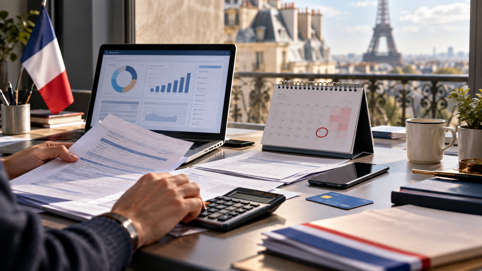 Contribuable français consultant ses documents fiscaux et son calendrier de paiement des impôts en septembre 2026, avec ordinateur, calculatrice et échéances de prélèvement.