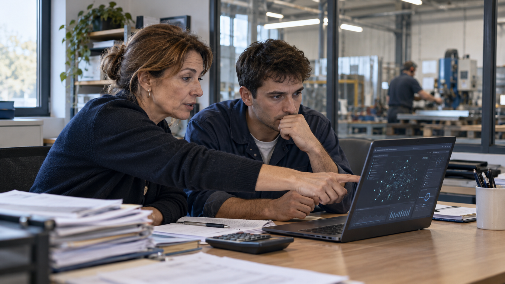 Dans le bureau d’une petite entreprise donnant sur un atelier, une dirigeante accompagne un jeune collaborateur devant un ordinateur portable affichant une interface numérique avec des points reliés. Des dossiers, des documents et une calculatrice occupent la table. Cette illustration évoque la formation des salariés, l’adoption de l’intelligence artificielle dans les PME et la nécessité de transformer les outils numériques en gains opérationnels.
