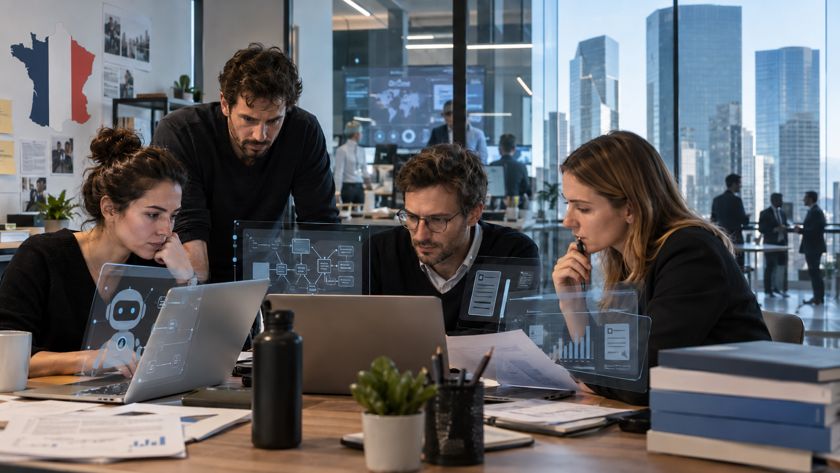 Équipe d’une PME française travaillant avec des outils d’intelligence artificielle et d’automatisation face au risque de décrochage avec les grandes entreprises