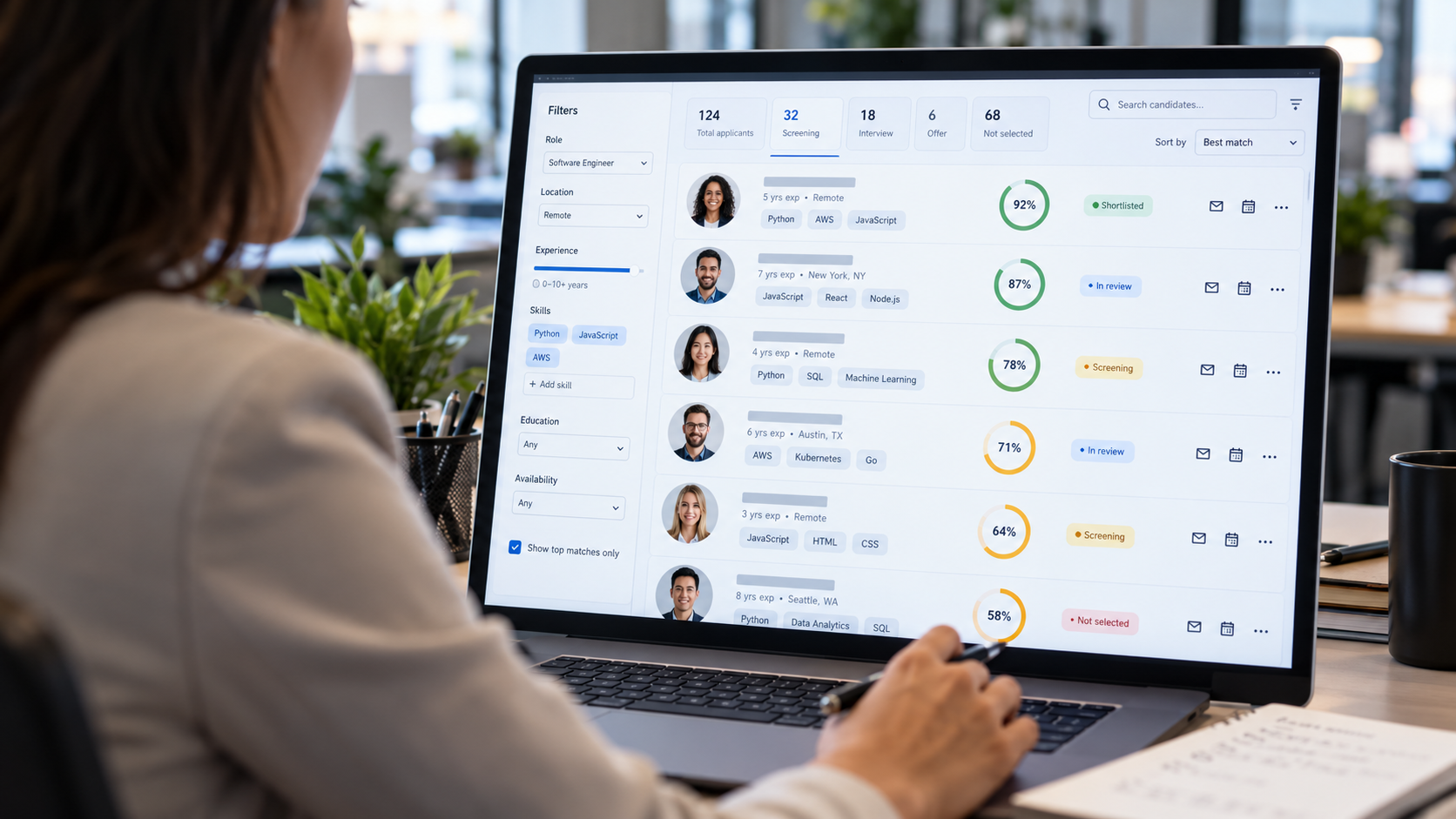 Illustration réaliste d’un logiciel ATS (Applicant Tracking System) utilisé pour le recrutement en entreprise. Une responsable des ressources humaines consulte sur son ordinateur un tableau de bord affichant plusieurs candidatures, avec les profils des candidats, leurs compétences professionnelles, leurs années d’expérience et des scores de correspondance allant de 58 % à 92 %. L’interface présente différentes étapes de présélection, des filtres de compétences et des statuts de candidature, dont certains profils non retenus. Cette image illustre le tri automatisé des CV, les logiciels de recrutement et le risque d'écarter des candidats qualifiés lorsque les critères de sélection sont trop restrictifs.