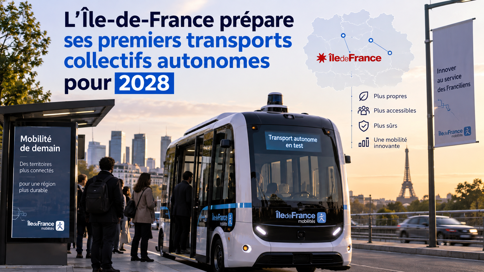 Minibus autonome circulant dans une commune d’Île-de-France près d’un arrêt de transport collectif