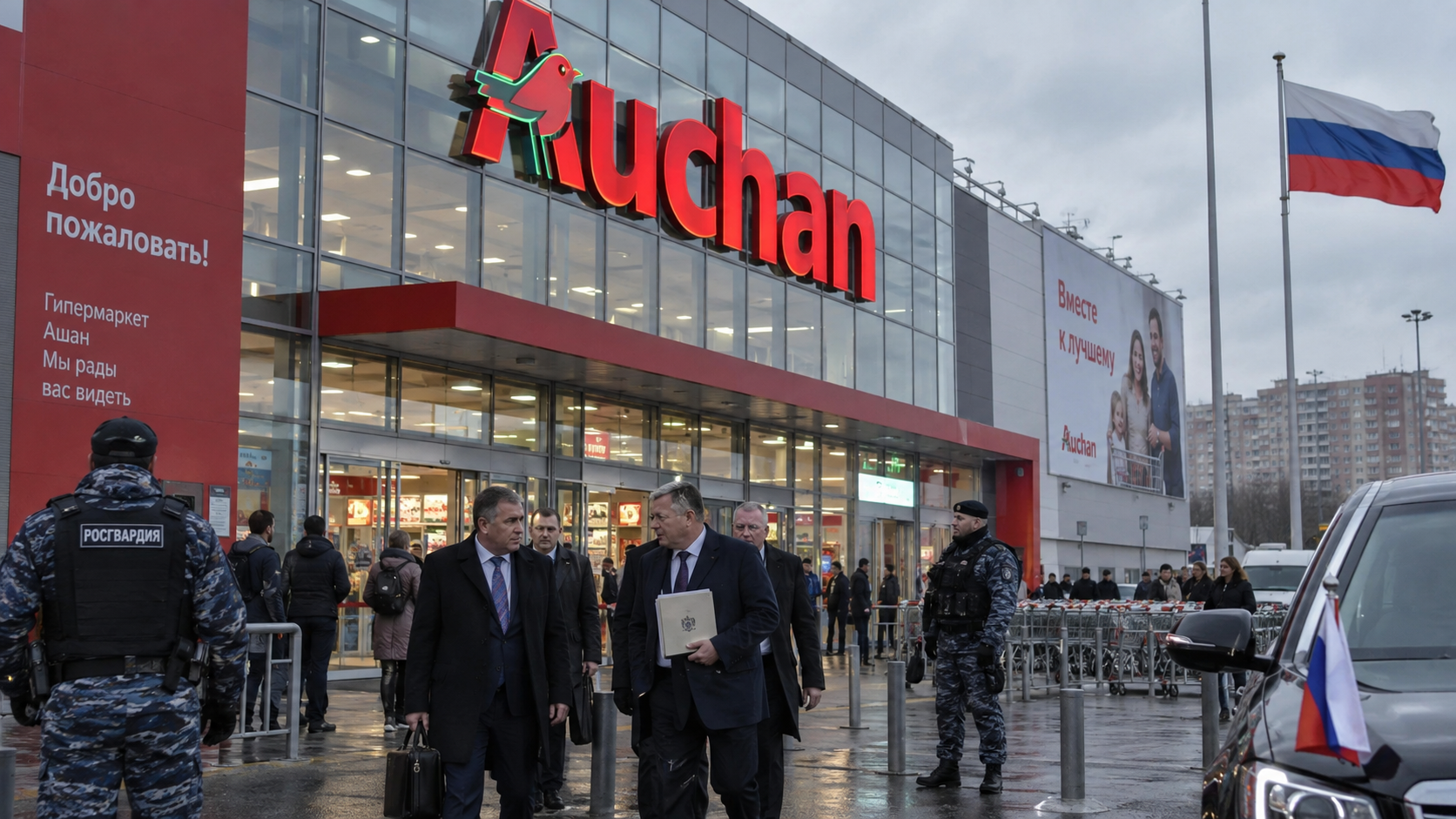 Hypermarché Auchan en Russie avec des responsables et des forces de sécurité russes, illustration de la prise de contrôle temporaire des actifs du distributeur français