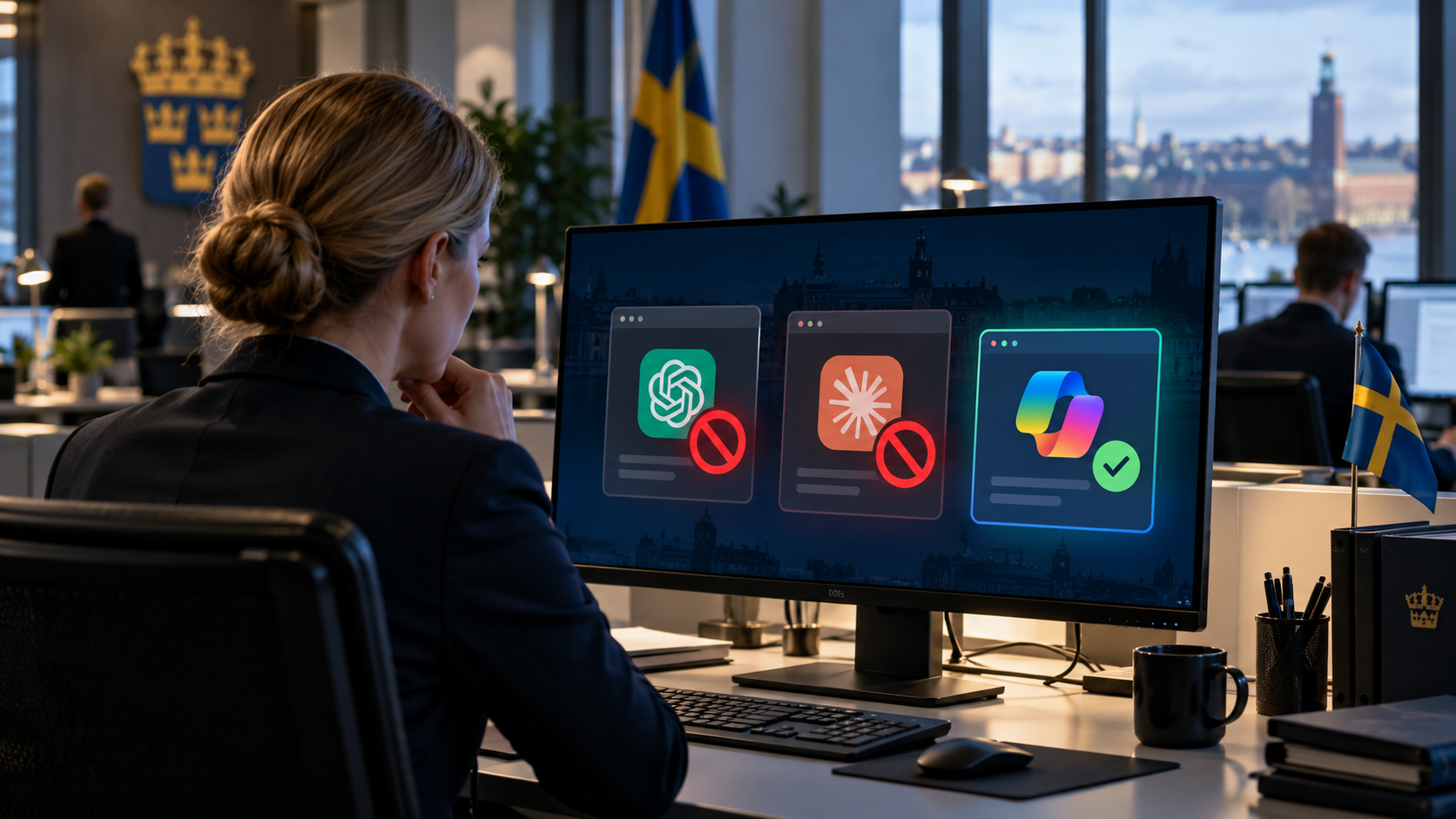 Illustration d'un bureau gouvernemental suédois avec le drapeau de la Suède et une fonctionnaire devant un ordinateur affichant les logos de ChatGPT d'OpenAI et Claude d'Anthropic accompagnés de symboles rouges d'accès interdit, tandis que Microsoft Copilot apparaît autorisé. L'image illustre la décision du gouvernement suédois du 26 octobre 2026 de restreindre l'accès direct à ChatGPT et Claude sur les postes professionnels de certains services administratifs, afin de renforcer le contrôle des outils d'intelligence artificielle et la sécurité des données.